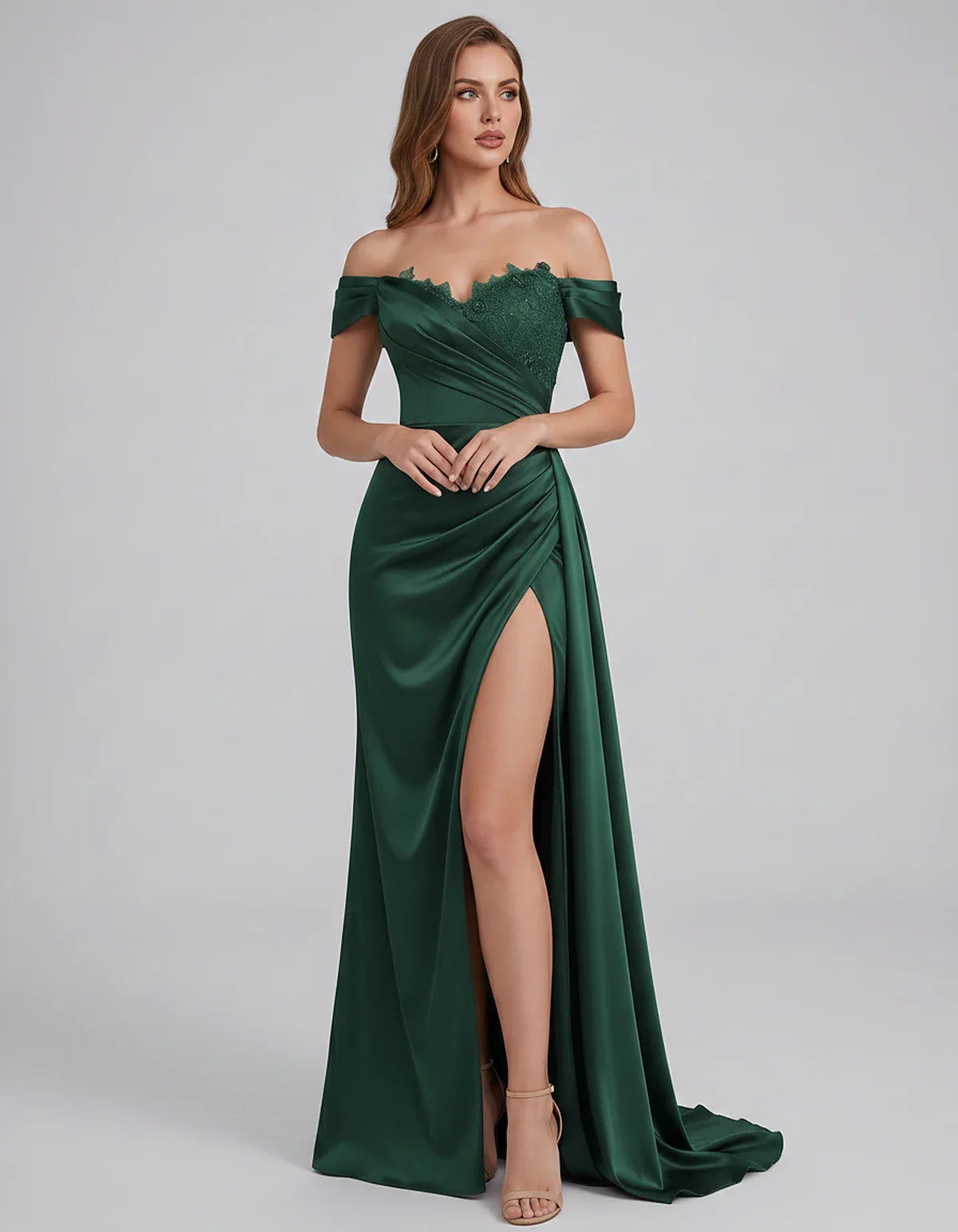 Satin Off-Shoulder Sweetheart Mermaid Maxi Dress with Lace Appliqué for Party, Cocktail, Evening, Wedding Guest & Summer Even | SKU: VMD-583924716582941-GREEN-L,VMD-583924716582941-GREEN-M,VMD-583924716582941-GREEN-S,VMD-583924716582941-GREEN-XL,VMD-583924716582941-GREEN-XS