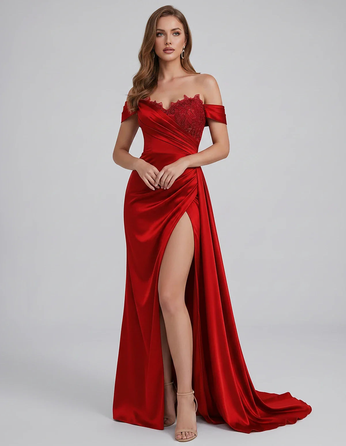 Satin Off-Shoulder Sweetheart Mermaid Maxi Dress with Lace Appliqué for Party, Cocktail, Evening, Wedding Guest & Summer Even | SKU: VMD-583924716582941-RED-L,VMD-583924716582941-RED-M,VMD-583924716582941-RED-S,VMD-583924716582941-RED-XL,VMD-583924716582941-RED-XS