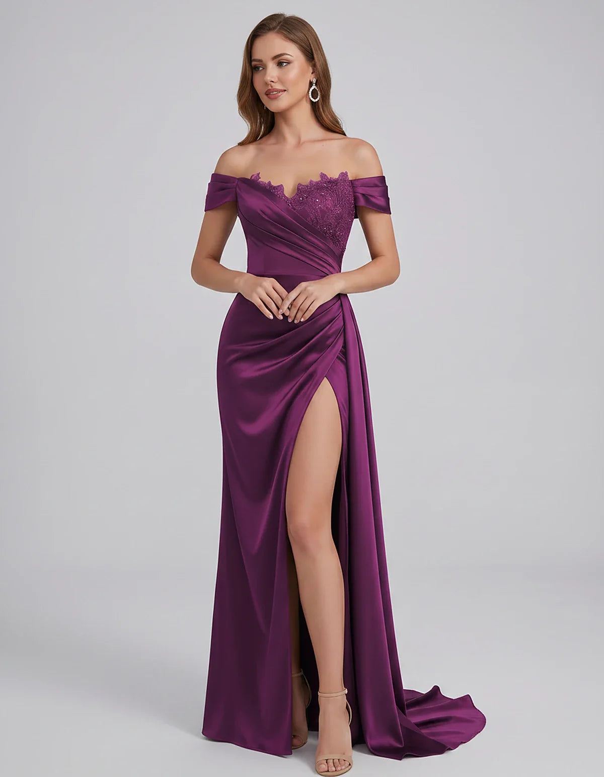 Satin Off-Shoulder Sweetheart Mermaid Maxi Dress with Lace Appliqué for Party, Cocktail, Evening, Wedding Guest & Summer Even | SKU: VMD-583924716582941-PURPLE-L,VMD-583924716582941-PURPLE-M,VMD-583924716582941-PURPLE-S,VMD-583924716582941-PURPLE-XL,VMD-583924716582941-PURPLE-XS