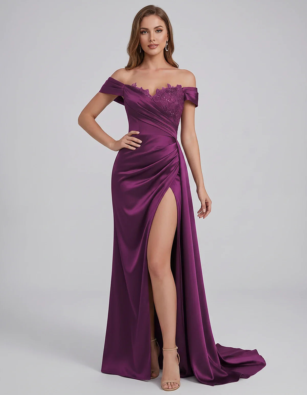 Satin Off-Shoulder Sweetheart Mermaid Maxi Dress with Lace Appliqué for Party, Cocktail, Evening, Wedding Guest & Summer Even | SKU: VMD-583924716582941-PURPLE-L,VMD-583924716582941-PURPLE-M,VMD-583924716582941-PURPLE-S,VMD-583924716582941-PURPLE-XL,VMD-583924716582941-PURPLE-XS