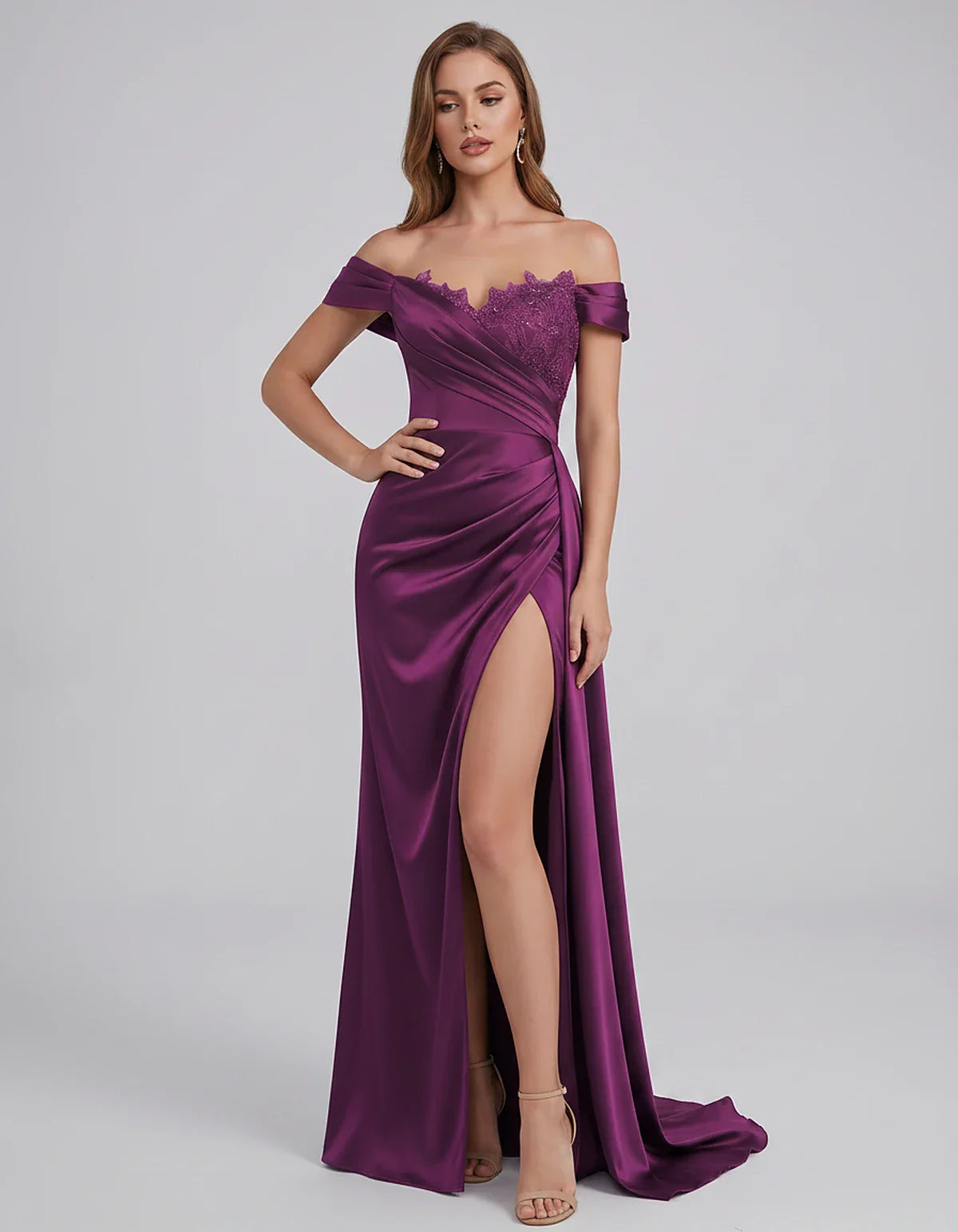 Satin Off-Shoulder Sweetheart Mermaid Maxi Dress with Lace Appliqué for Party, Cocktail, Evening, Wedding Guest & Summer Even | SKU: VMD-583924716582941-PURPLE-L,VMD-583924716582941-PURPLE-M,VMD-583924716582941-PURPLE-S,VMD-583924716582941-PURPLE-XL,VMD-583924716582941-PURPLE-XS