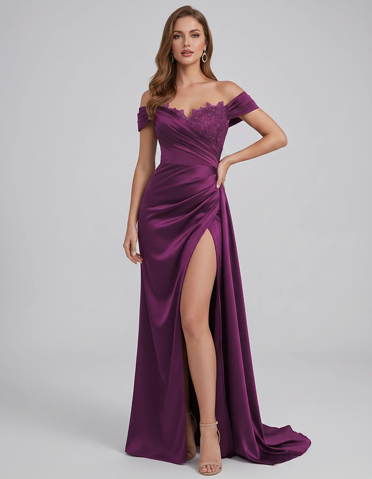Satin Off-Shoulder Sweetheart Mermaid Maxi Dress with Lace Appliqué for Party, Cocktail, Evening, Wedding Guest & Summer Even | SKU: VMD-583924716582941-PURPLE-L,VMD-583924716582941-PURPLE-M,VMD-583924716582941-PURPLE-S,VMD-583924716582941-PURPLE-XL,VMD-583924716582941-PURPLE-XS