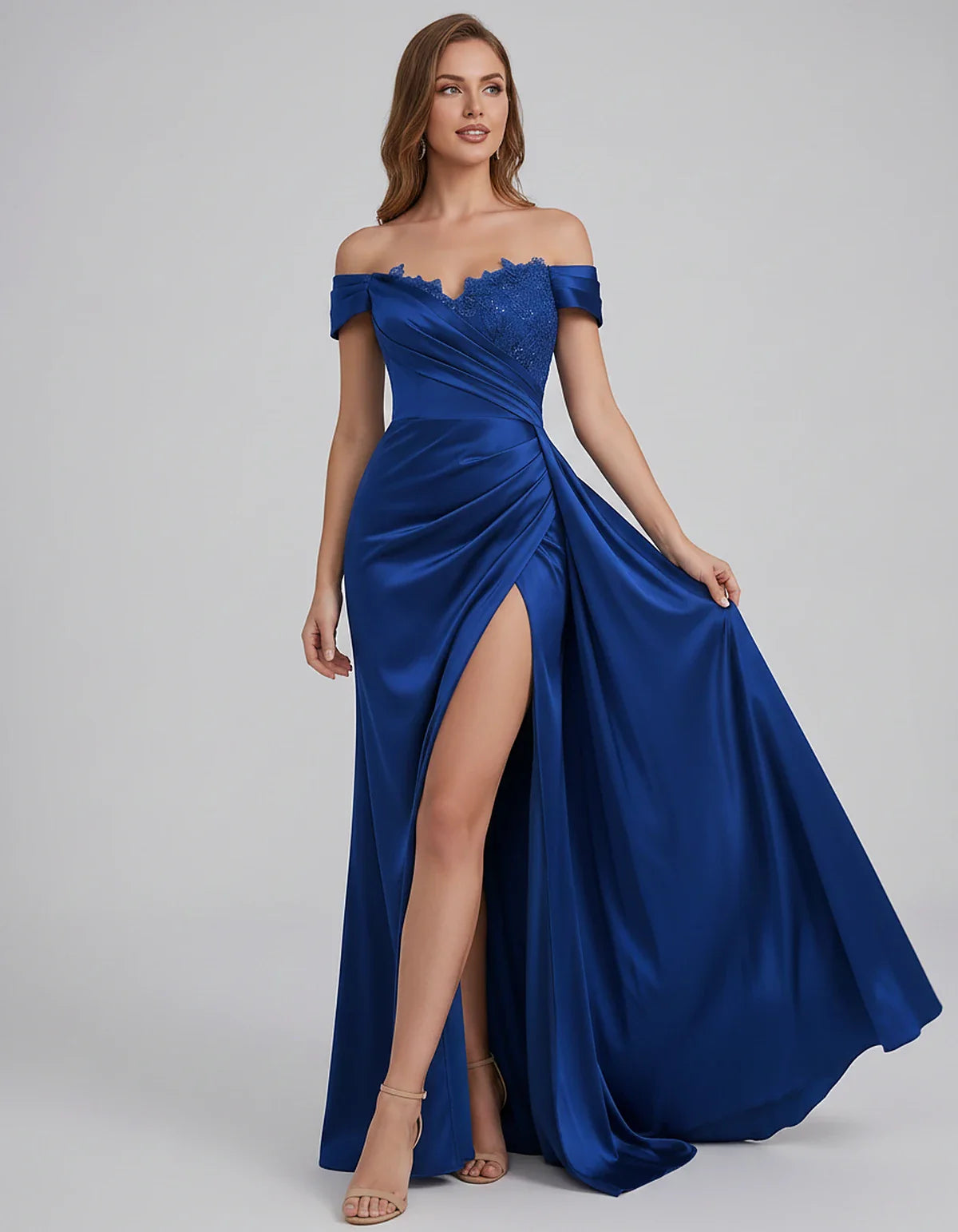Satin Off-Shoulder Sweetheart Mermaid Maxi Dress with Lace Appliqué for Party, Cocktail, Evening, Wedding Guest & Summer Even | SKU: VMD-583924716582941-ROYALBLUE-L,VMD-583924716582941-ROYALBLUE-M,VMD-583924716582941-ROYALBLUE-S,VMD-583924716582941-ROYALBLUE-XL,VMD-583924716582941-ROYALBLUE-XS