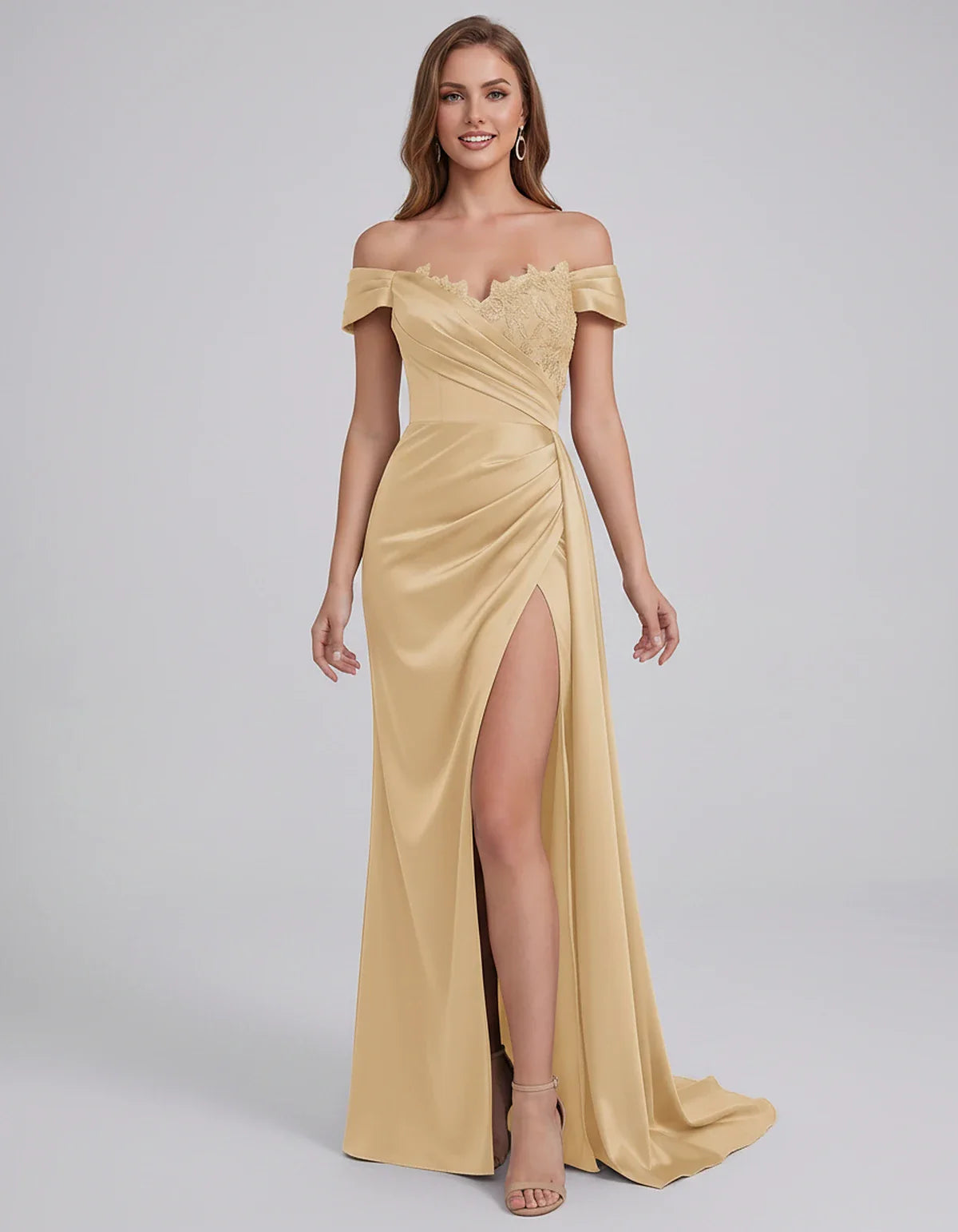 Satin Off-Shoulder Sweetheart Mermaid Maxi Dress with Lace Appliqué for Party, Cocktail, Evening, Wedding Guest & Summer Even | SKU: VMD-583924716582941-CHAMPAGNE-L,VMD-583924716582941-CHAMPAGNE-M,VMD-583924716582941-CHAMPAGNE-S,VMD-583924716582941-CHAMPAGNE-XL,VMD-583924716582941-CHAMPAGNE-XS