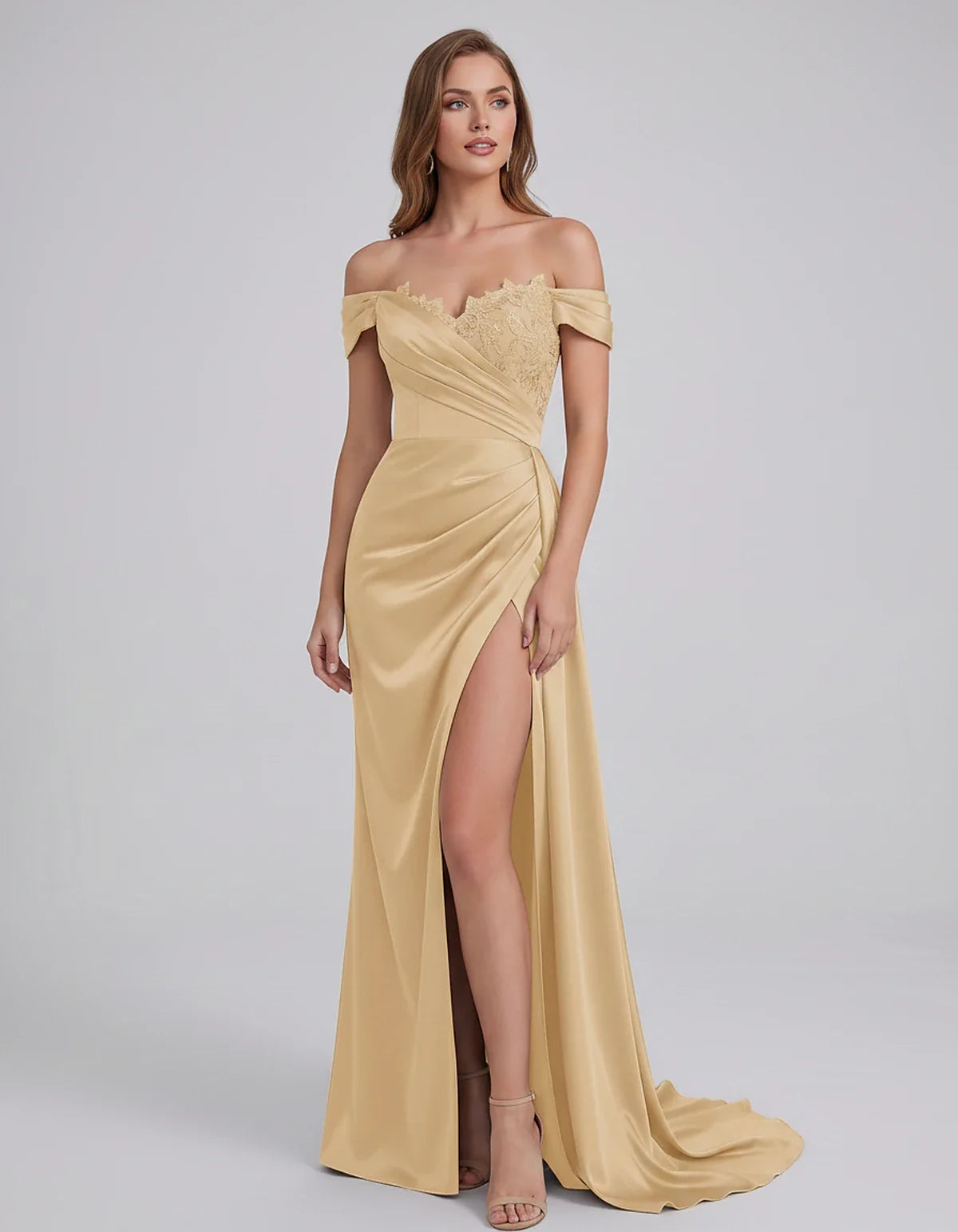 Satin Off-Shoulder Sweetheart Mermaid Maxi Dress with Lace Appliqué for Party, Cocktail, Evening, Wedding Guest & Summer Even | SKU: VMD-583924716582941-CHAMPAGNE-L,VMD-583924716582941-CHAMPAGNE-M,VMD-583924716582941-CHAMPAGNE-S,VMD-583924716582941-CHAMPAGNE-XL,VMD-583924716582941-CHAMPAGNE-XS
