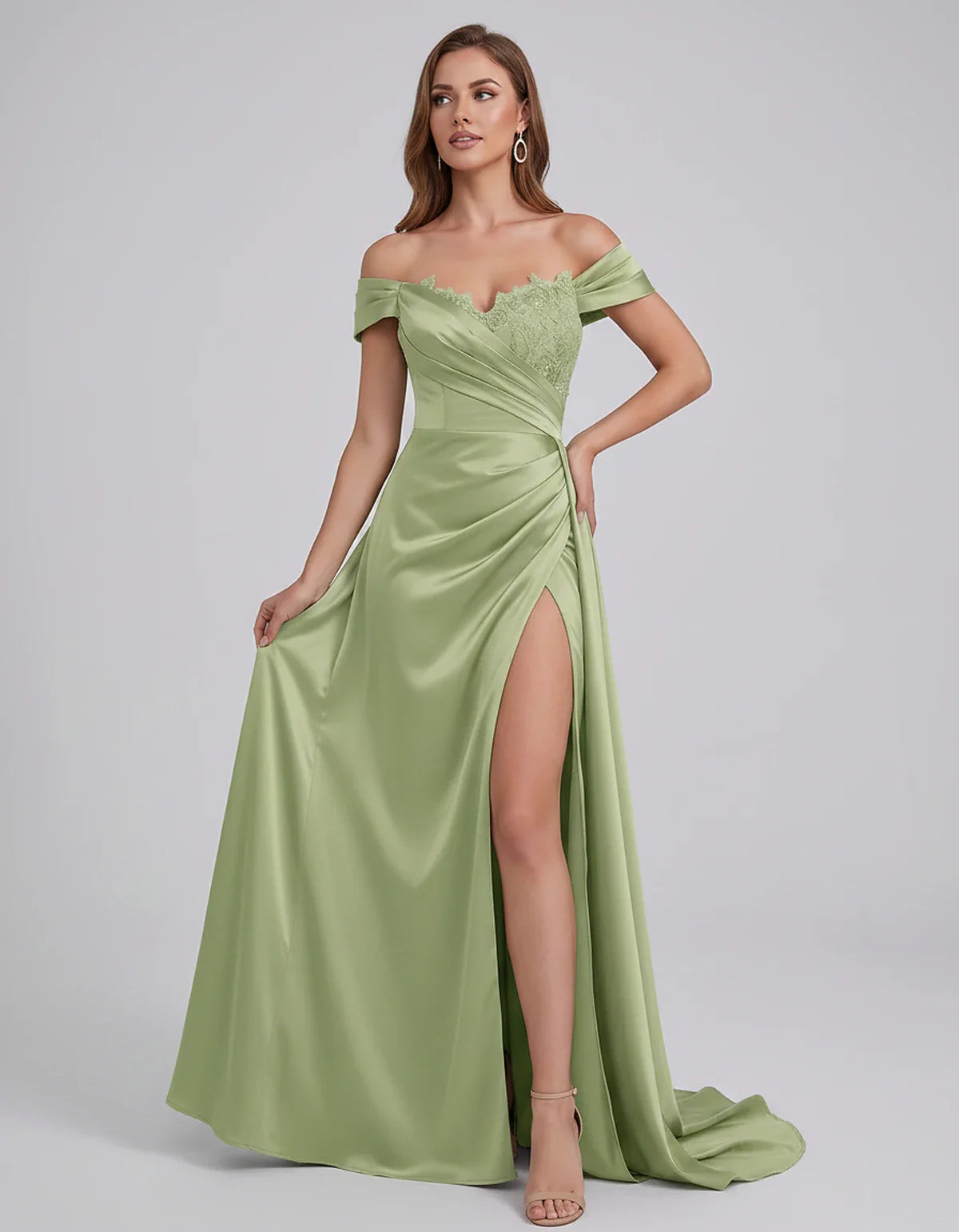 Satin Off-Shoulder Sweetheart Mermaid Maxi Dress with Lace Appliqué for Party, Cocktail, Evening, Wedding Guest & Summer Even | SKU: VMD-583924716582941-SAGE-L,VMD-583924716582941-SAGE-M,VMD-583924716582941-SAGE-S,VMD-583924716582941-SAGE-XL,VMD-583924716582941-SAGE-XS