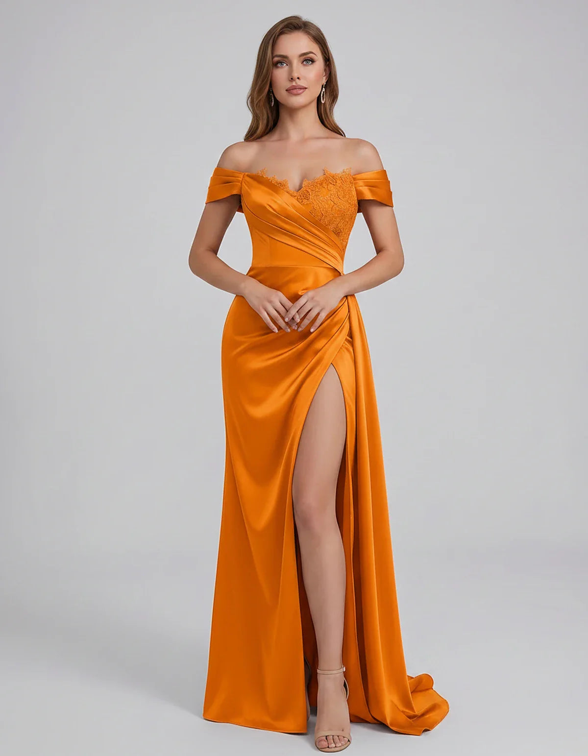 Satin Off-Shoulder Sweetheart Mermaid Maxi Dress with Lace Appliqué for Party, Cocktail, Evening, Wedding Guest & Summer Even | SKU: VMD-583924716582941-ORANGE-L,VMD-583924716582941-ORANGE-M,VMD-583924716582941-ORANGE-S,VMD-583924716582941-ORANGE-XL,VMD-583924716582941-ORANGE-XS