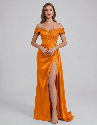 Satin Off-Shoulder Sweetheart Mermaid Maxi Dress with Lace Appliqué for Party, Cocktail, Evening, Wedding Guest & Summer Even | SKU: VMD-583924716582941-ORANGE-L,VMD-583924716582941-ORANGE-M,VMD-583924716582941-ORANGE-S,VMD-583924716582941-ORANGE-XL,VMD-583924716582941-ORANGE-XS