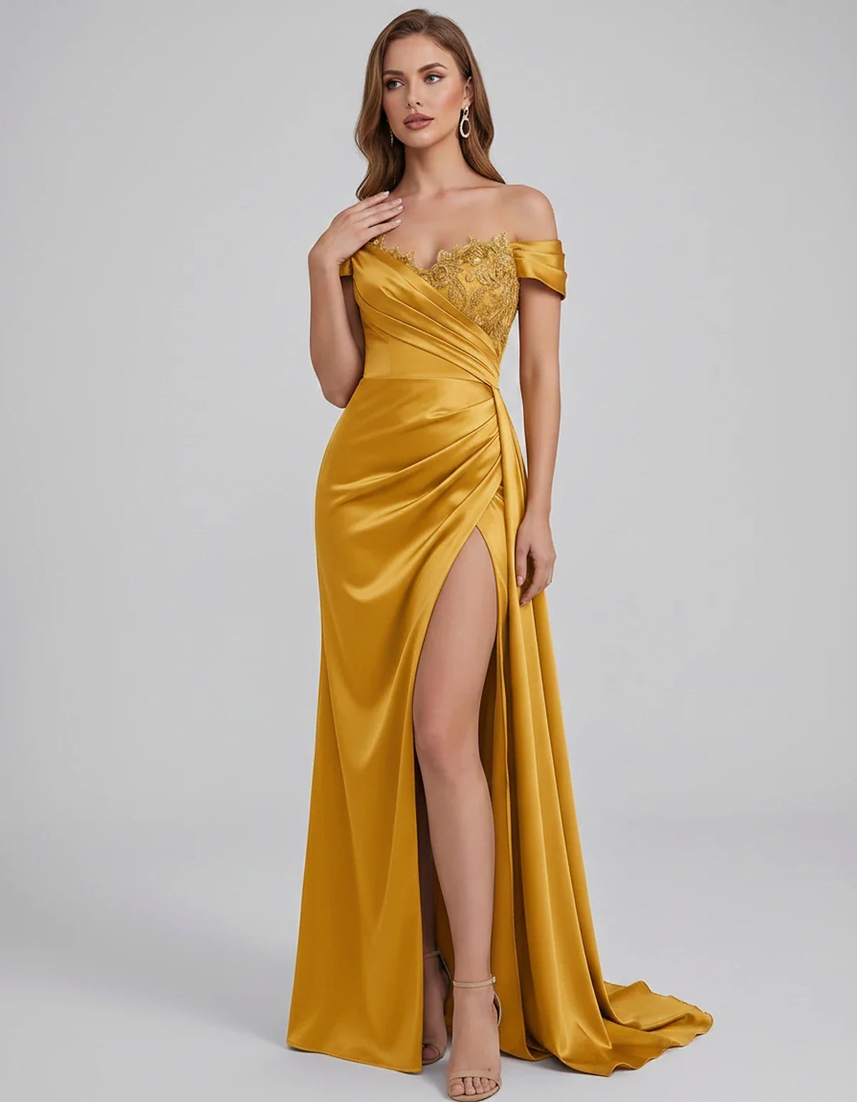 Satin Off-Shoulder Sweetheart Mermaid Maxi Dress with Lace Appliqué for Party, Cocktail, Evening, Wedding Guest & Summer Even | SKU: VMD-583924716582941-YELLOW-L,VMD-583924716582941-YELLOW-M,VMD-583924716582941-YELLOW-S,VMD-583924716582941-YELLOW-XL,VMD-583924716582941-YELLOW-XS