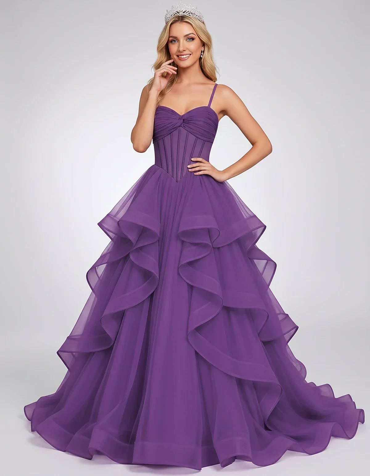 Organza Spaghetti Strap Sweetheart A-Line Ball Gown Maxi Dress for Party, Cocktail, Evening, Wedding Guest & Summer Events, f | SKU: VMD-583920174628315-PURPLE-L,VMD-583920174628315-PURPLE-M,VMD-583920174628315-PURPLE-S,VMD-583920174628315-PURPLE-XL,VMD-583920174628315-PURPLE-XS