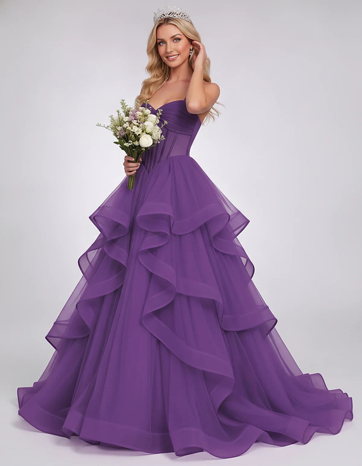 Organza Spaghetti Strap Sweetheart A-Line Ball Gown Maxi Dress for Party, Cocktail, Evening, Wedding Guest & Summer Events, f | SKU: VMD-583920174628315-PURPLE-L,VMD-583920174628315-PURPLE-M,VMD-583920174628315-PURPLE-S,VMD-583920174628315-PURPLE-XL,VMD-583920174628315-PURPLE-XS