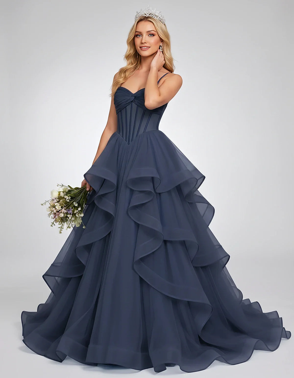 Organza Spaghetti Strap Sweetheart A-Line Ball Gown Maxi Dress for Party, Cocktail, Evening, Wedding Guest & Summer Events, f | SKU: VMD-583920174628315-NAVY-L,VMD-583920174628315-NAVY-M,VMD-583920174628315-NAVY-S,VMD-583920174628315-NAVY-XL,VMD-583920174628315-NAVY-XS