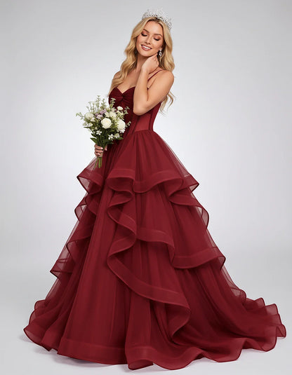 Organza Spaghetti Strap Sweetheart A-Line Ball Gown Maxi Dress for Party, Cocktail, Evening, Wedding Guest & Summer Events, f | SKU: VMD-583920174628315-BURGUNDY-L,VMD-583920174628315-BURGUNDY-M,VMD-583920174628315-BURGUNDY-S,VMD-583920174628315-BURGUNDY-XL,VMD-583920174628315-BURGUNDY-XS