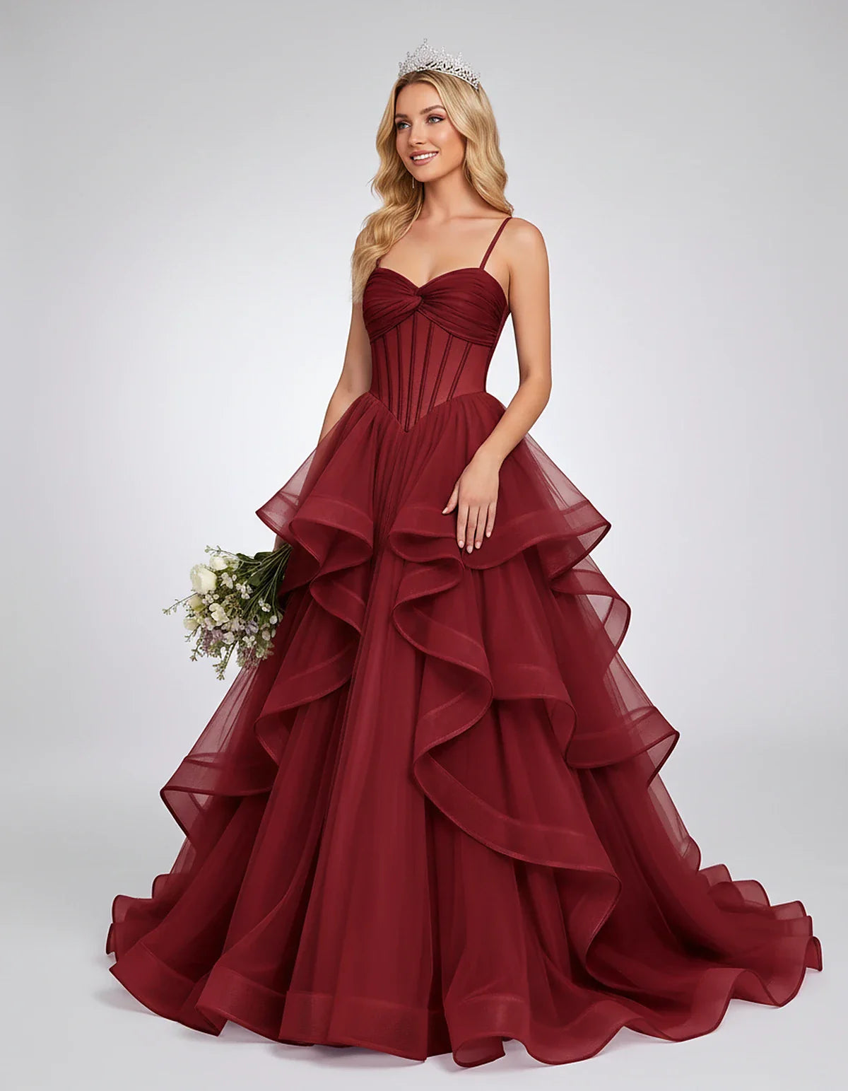 Organza Spaghetti Strap Sweetheart A-Line Ball Gown Maxi Dress for Party, Cocktail, Evening, Wedding Guest & Summer Events, f | SKU: VMD-583920174628315-BURGUNDY-L,VMD-583920174628315-BURGUNDY-M,VMD-583920174628315-BURGUNDY-S,VMD-583920174628315-BURGUNDY-XL,VMD-583920174628315-BURGUNDY-XS