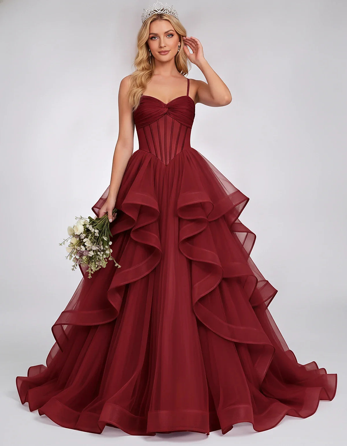 Organza Spaghetti Strap Sweetheart A-Line Ball Gown Maxi Dress for Party, Cocktail, Evening, Wedding Guest & Summer Events, f | SKU: VMD-583920174628315-BURGUNDY-L,VMD-583920174628315-BURGUNDY-M,VMD-583920174628315-BURGUNDY-S,VMD-583920174628315-BURGUNDY-XL,VMD-583920174628315-BURGUNDY-XS