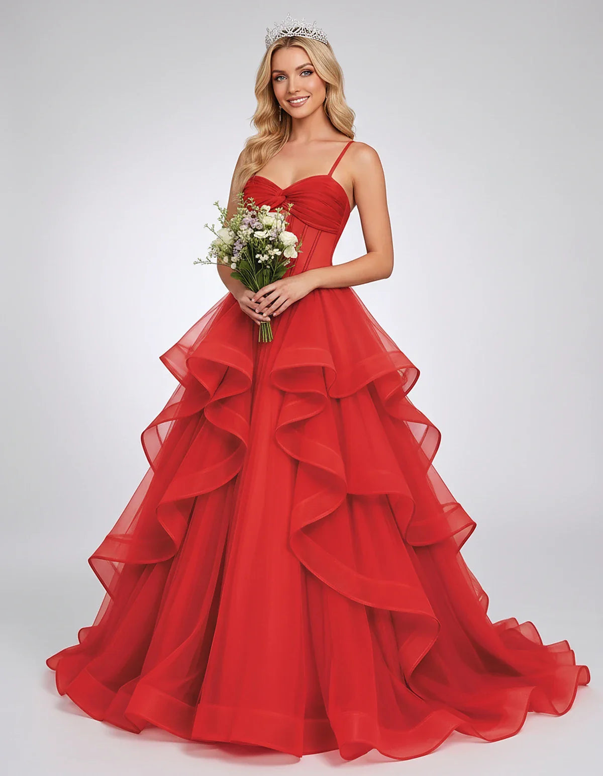 Organza Spaghetti Strap Sweetheart A-Line Ball Gown Maxi Dress for Party, Cocktail, Evening, Wedding Guest & Summer Events, f | SKU: VMD-583920174628315-RED-L,VMD-583920174628315-RED-M,VMD-583920174628315-RED-S,VMD-583920174628315-RED-XL,VMD-583920174628315-RED-XS