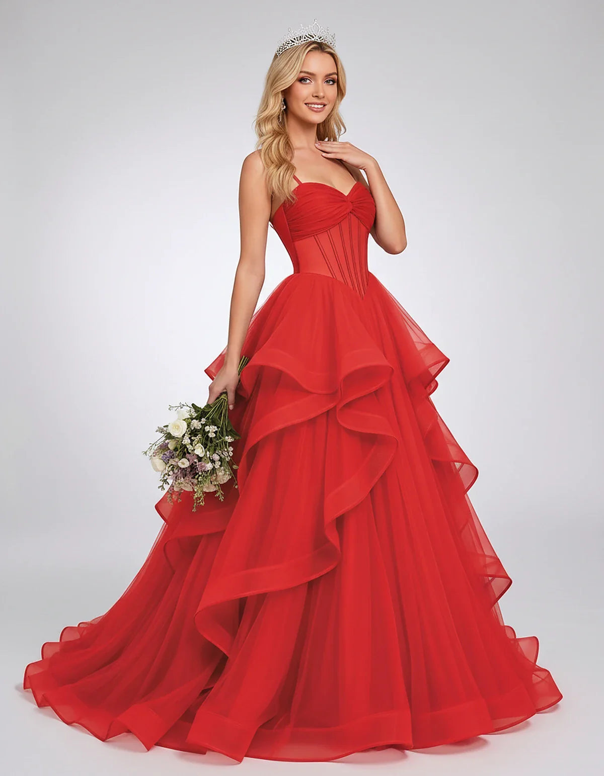 Organza Spaghetti Strap Sweetheart A-Line Ball Gown Maxi Dress for Party, Cocktail, Evening, Wedding Guest & Summer Events, f | SKU: VMD-583920174628315-RED-L,VMD-583920174628315-RED-M,VMD-583920174628315-RED-S,VMD-583920174628315-RED-XL,VMD-583920174628315-RED-XS