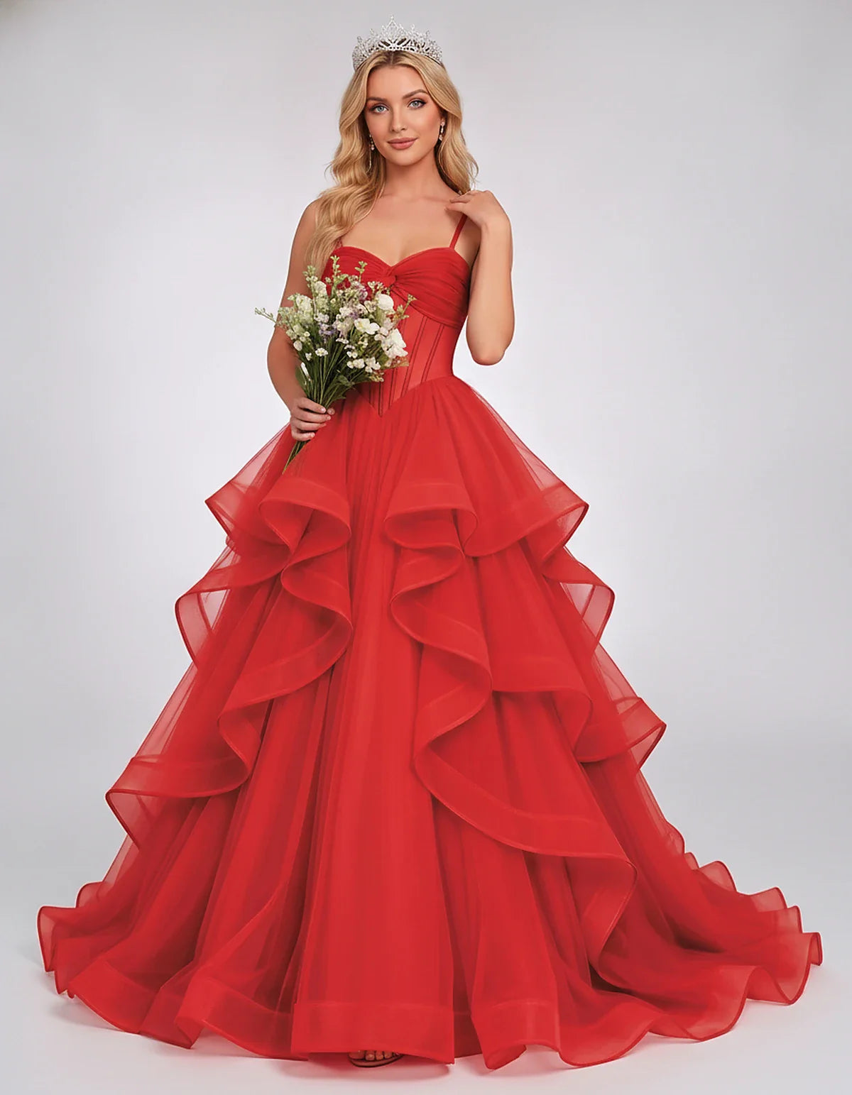 Organza Spaghetti Strap Sweetheart A-Line Ball Gown Maxi Dress for Party, Cocktail, Evening, Wedding Guest & Summer Events, f | SKU: VMD-583920174628315-RED-L,VMD-583920174628315-RED-M,VMD-583920174628315-RED-S,VMD-583920174628315-RED-XL,VMD-583920174628315-RED-XS