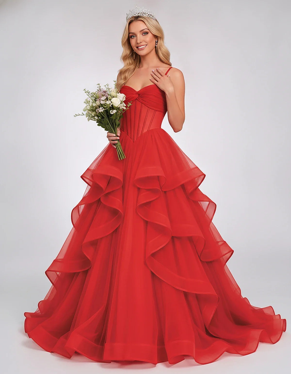 Organza Spaghetti Strap Sweetheart A-Line Ball Gown Maxi Dress for Party, Cocktail, Evening, Wedding Guest & Summer Events, f | SKU: VMD-583920174628315-RED-L,VMD-583920174628315-RED-M,VMD-583920174628315-RED-S,VMD-583920174628315-RED-XL,VMD-583920174628315-RED-XS