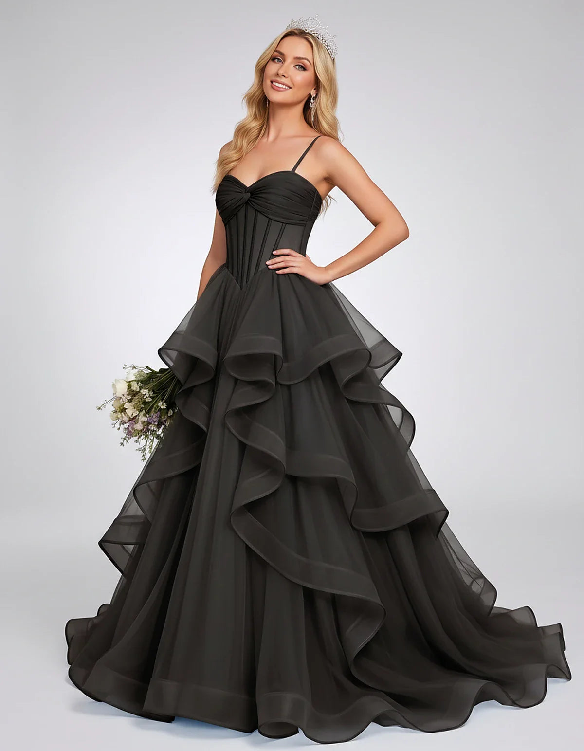 Organza Spaghetti Strap Sweetheart A-Line Ball Gown Maxi Dress for Party, Cocktail, Evening, Wedding Guest & Summer Events, f | SKU: VMD-583920174628315-BLACK-L,VMD-583920174628315-BLACK-M,VMD-583920174628315-BLACK-S,VMD-583920174628315-BLACK-XL,VMD-583920174628315-BLACK-XS