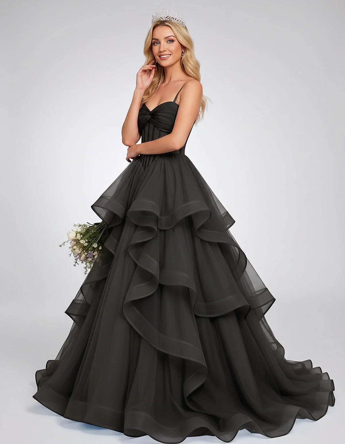 Organza Spaghetti Strap Sweetheart A-Line Ball Gown Maxi Dress for Party, Cocktail, Evening, Wedding Guest & Summer Events, f | SKU: VMD-583920174628315-BLACK-L,VMD-583920174628315-BLACK-M,VMD-583920174628315-BLACK-S,VMD-583920174628315-BLACK-XL,VMD-583920174628315-BLACK-XS