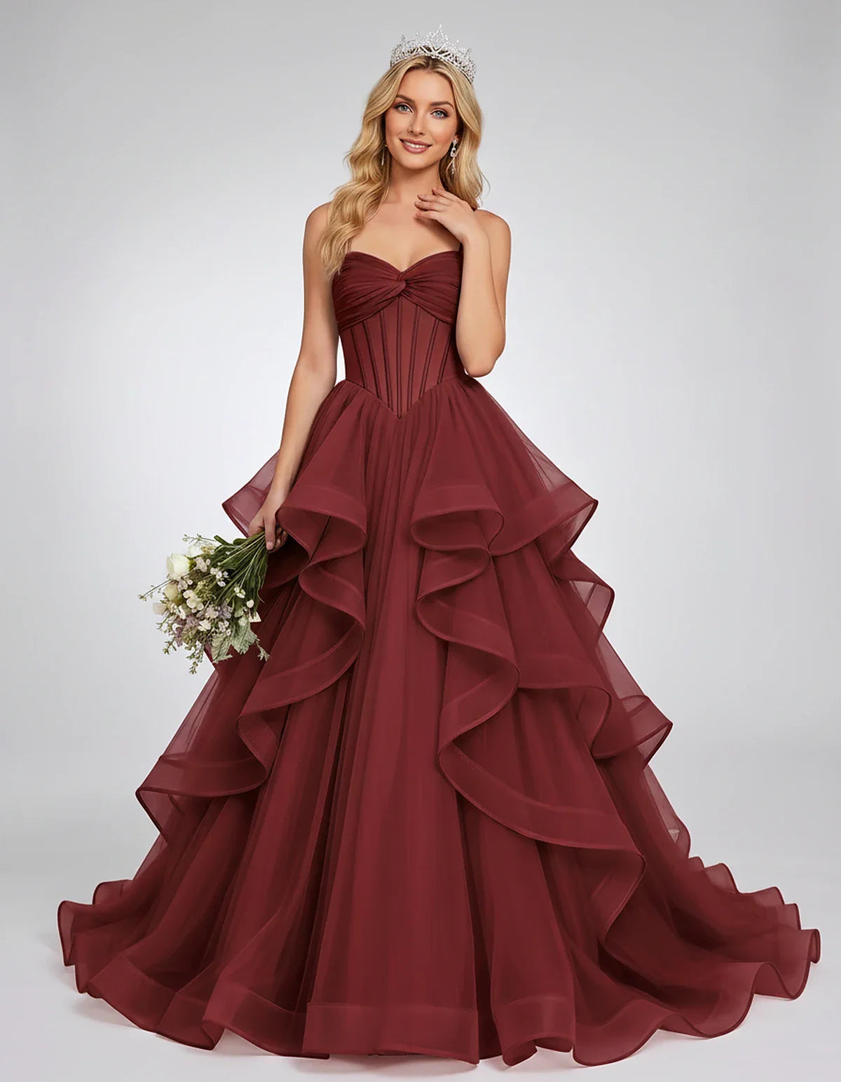 Organza Spaghetti Strap Sweetheart A-Line Ball Gown Maxi Dress for Party, Cocktail, Evening, Wedding Guest & Summer Events, f | SKU: VMD-583920174628315-WINE-L,VMD-583920174628315-WINE-M,VMD-583920174628315-WINE-S,VMD-583920174628315-WINE-XL,VMD-583920174628315-WINE-XS