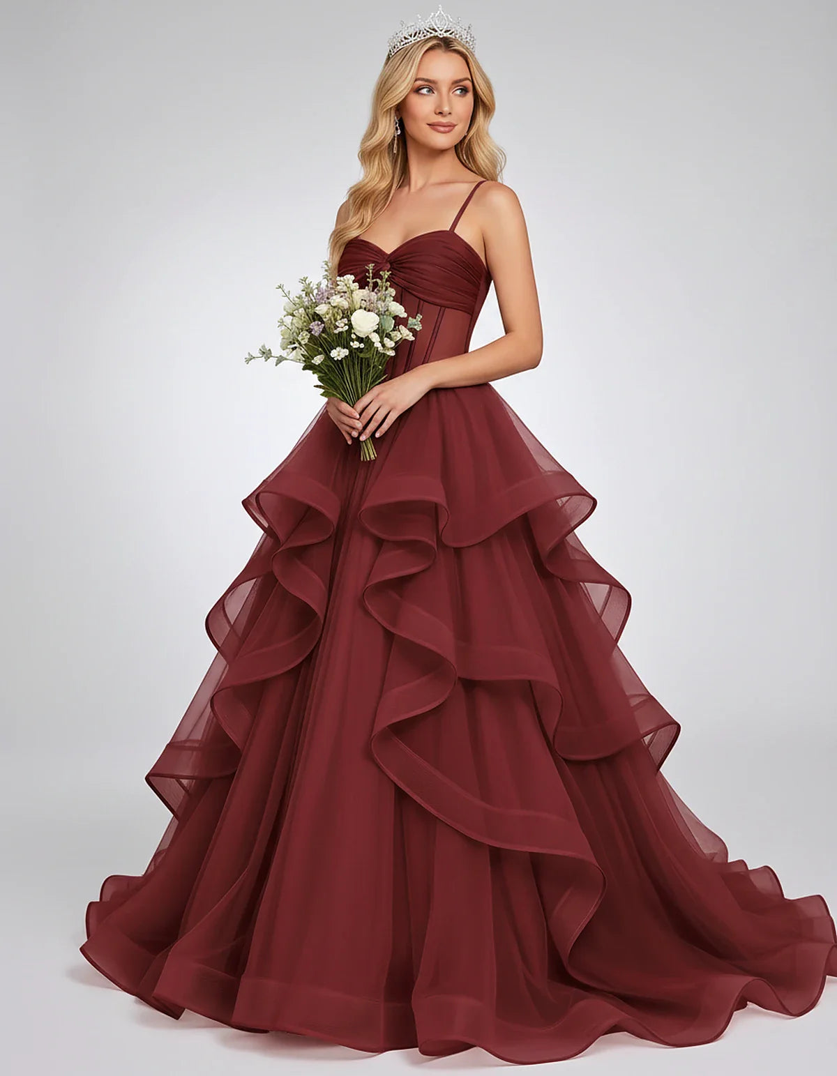 Organza Spaghetti Strap Sweetheart A-Line Ball Gown Maxi Dress for Party, Cocktail, Evening, Wedding Guest & Summer Events, f | SKU: VMD-583920174628315-WINE-L,VMD-583920174628315-WINE-M,VMD-583920174628315-WINE-S,VMD-583920174628315-WINE-XL,VMD-583920174628315-WINE-XS