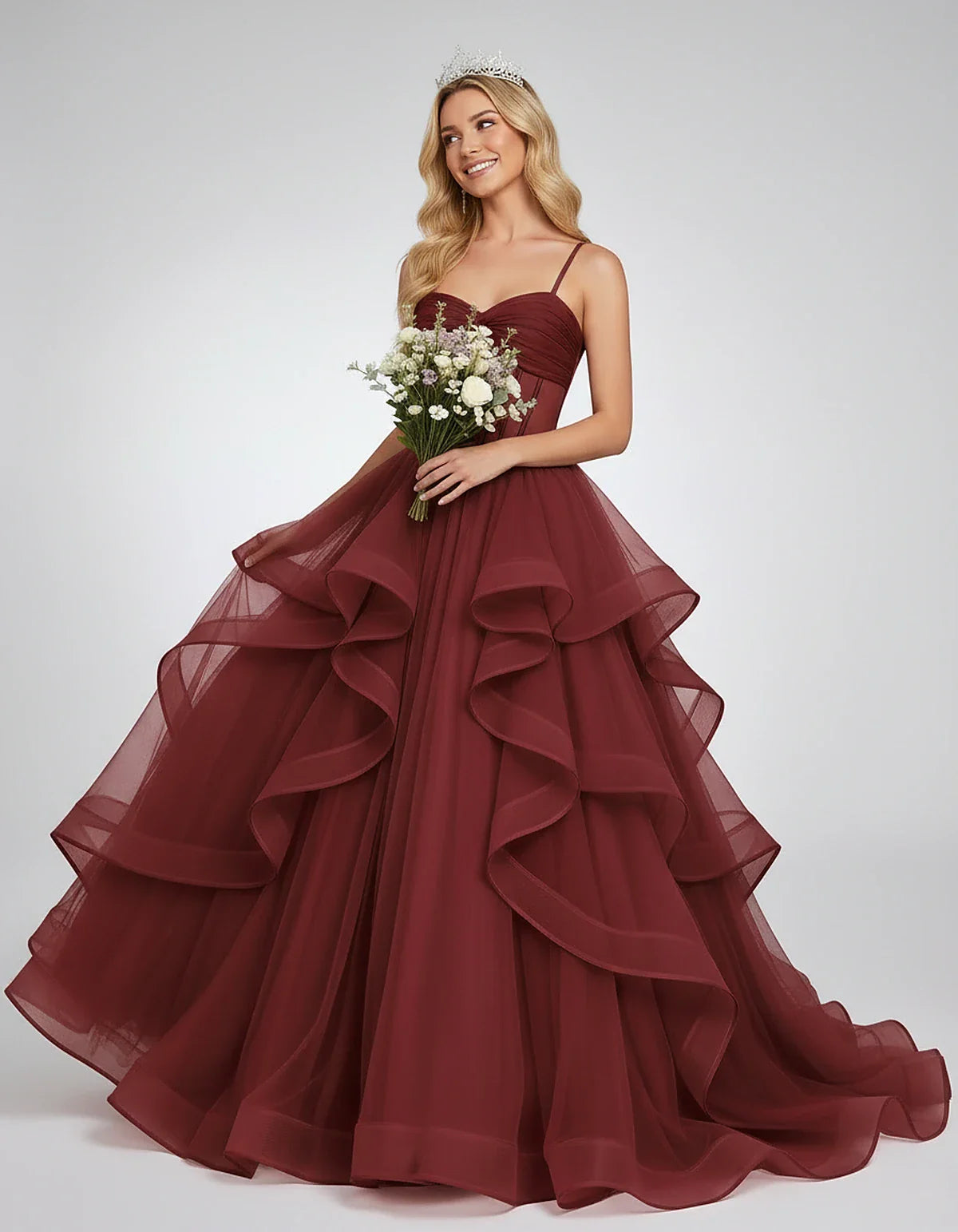 Organza Spaghetti Strap Sweetheart A-Line Ball Gown Maxi Dress for Party, Cocktail, Evening, Wedding Guest & Summer Events, f | SKU: VMD-583920174628315-WINE-L,VMD-583920174628315-WINE-M,VMD-583920174628315-WINE-S,VMD-583920174628315-WINE-XL,VMD-583920174628315-WINE-XS