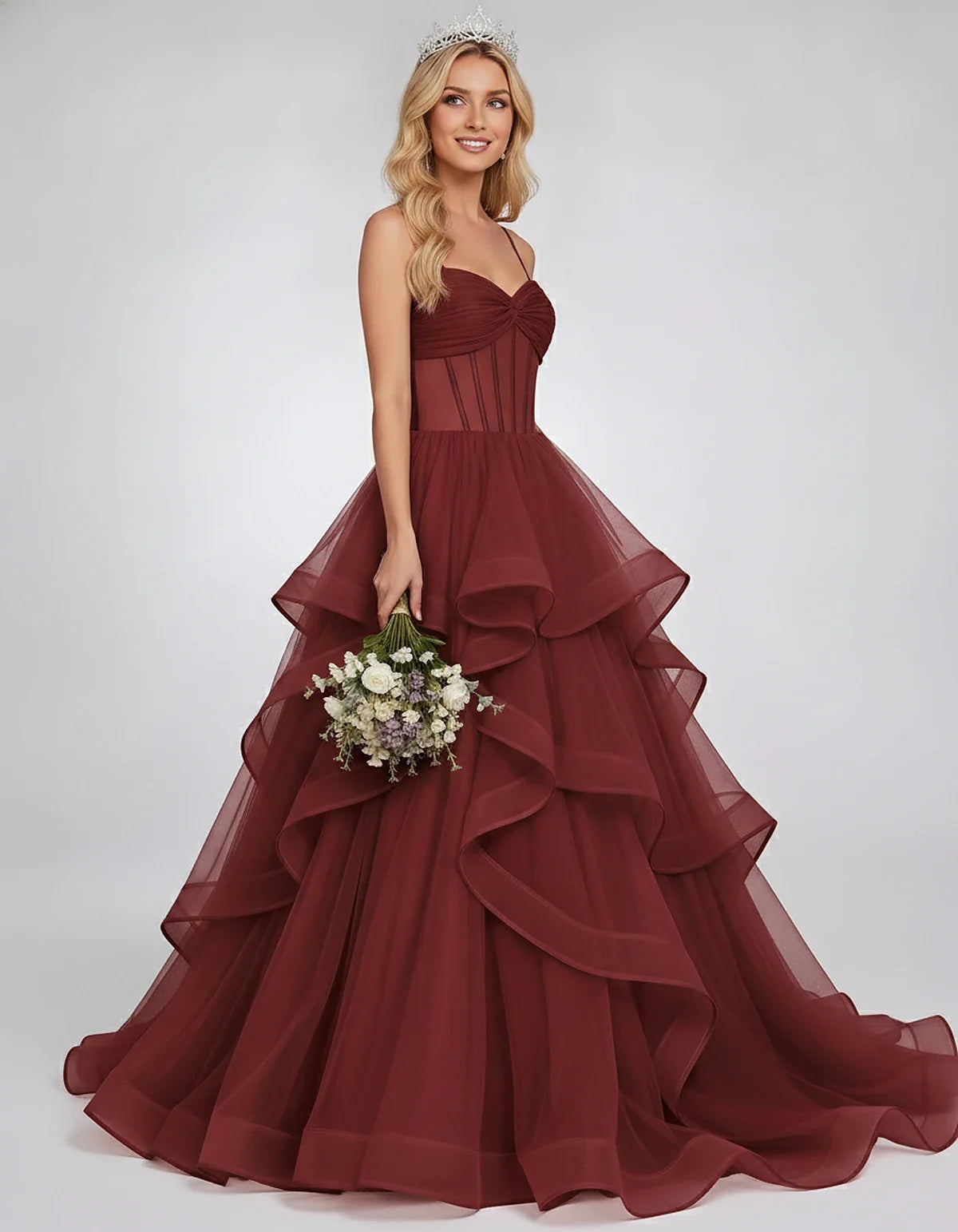 Organza Spaghetti Strap Sweetheart A-Line Ball Gown Maxi Dress for Party, Cocktail, Evening, Wedding Guest & Summer Events, f | SKU: VMD-583920174628315-WINE-L,VMD-583920174628315-WINE-M,VMD-583920174628315-WINE-S,VMD-583920174628315-WINE-XL,VMD-583920174628315-WINE-XS