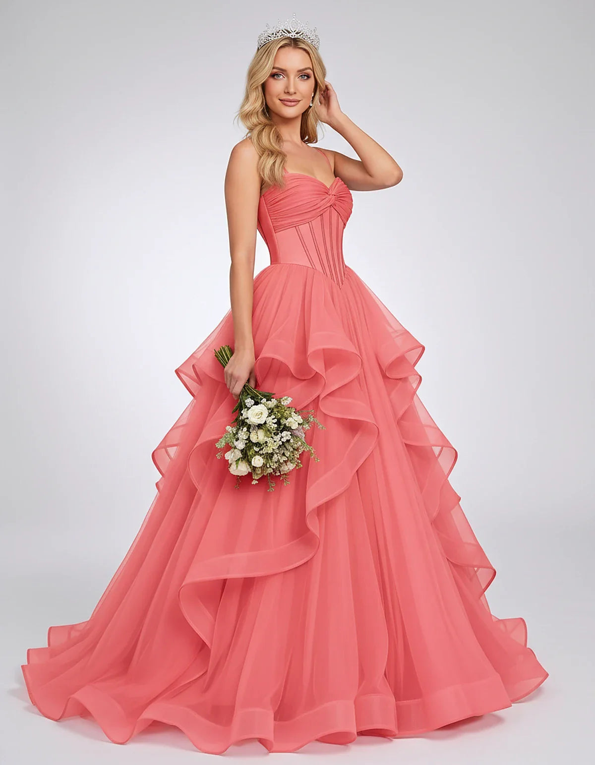 Organza Spaghetti Strap Sweetheart A-Line Ball Gown Maxi Dress for Party, Cocktail, Evening, Wedding Guest & Summer Events, f | SKU: VMD-583920174628315-CORAL-L,VMD-583920174628315-CORAL-M,VMD-583920174628315-CORAL-S,VMD-583920174628315-CORAL-XL,VMD-583920174628315-CORAL-XS