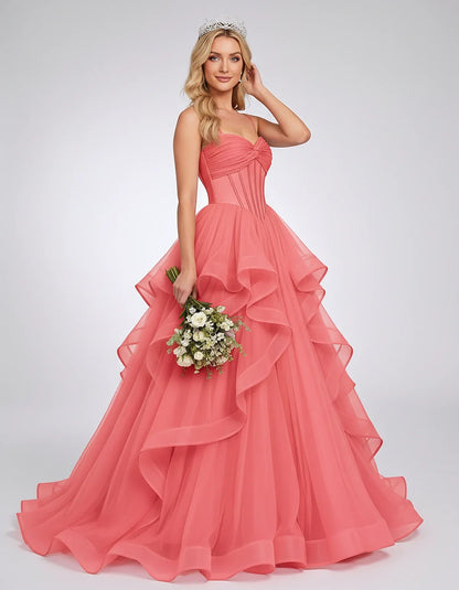 Organza Spaghetti Strap Sweetheart A-Line Ball Gown Maxi Dress for Party, Cocktail, Evening, Wedding Guest & Summer Events, f | SKU: VMD-583920174628315-CORAL-L,VMD-583920174628315-CORAL-M,VMD-583920174628315-CORAL-S,VMD-583920174628315-CORAL-XL,VMD-583920174628315-CORAL-XS