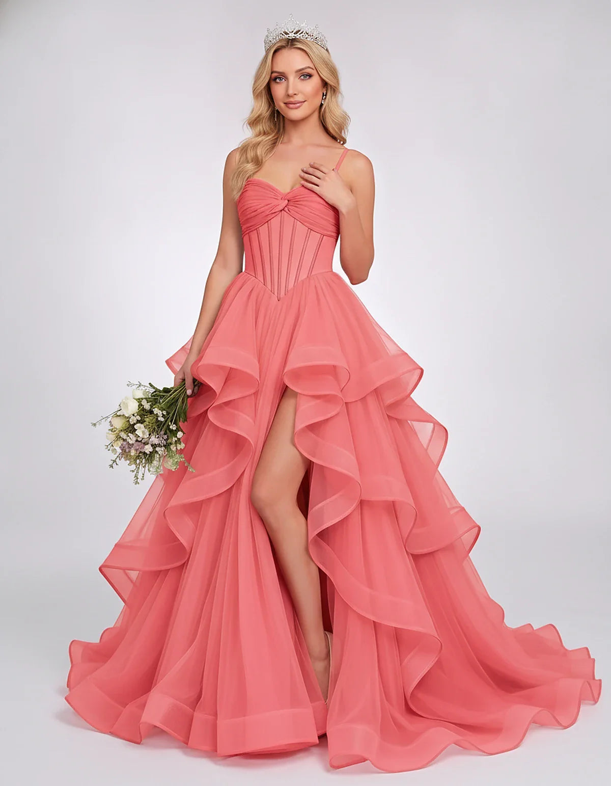 Organza Spaghetti Strap Sweetheart A-Line Ball Gown Maxi Dress for Party, Cocktail, Evening, Wedding Guest & Summer Events, f | SKU: VMD-583920174628315-CORAL-L,VMD-583920174628315-CORAL-M,VMD-583920174628315-CORAL-S,VMD-583920174628315-CORAL-XL,VMD-583920174628315-CORAL-XS