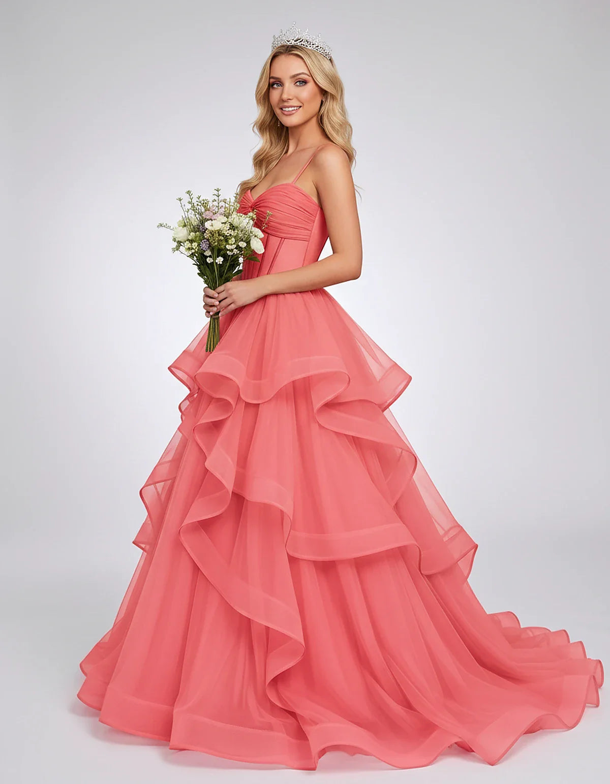 Organza Spaghetti Strap Sweetheart A-Line Ball Gown Maxi Dress for Party, Cocktail, Evening, Wedding Guest & Summer Events, s | SKU: VMD-583920174628315-CORAL-L,VMD-583920174628315-CORAL-M,VMD-583920174628315-CORAL-S,VMD-583920174628315-CORAL-XL,VMD-583920174628315-CORAL-XS