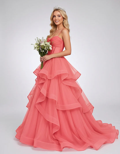 Organza Spaghetti Strap Sweetheart A-Line Ball Gown Maxi Dress for Party, Cocktail, Evening, Wedding Guest & Summer Events, s | SKU: VMD-583920174628315-CORAL-L,VMD-583920174628315-CORAL-M,VMD-583920174628315-CORAL-S,VMD-583920174628315-CORAL-XL,VMD-583920174628315-CORAL-XS