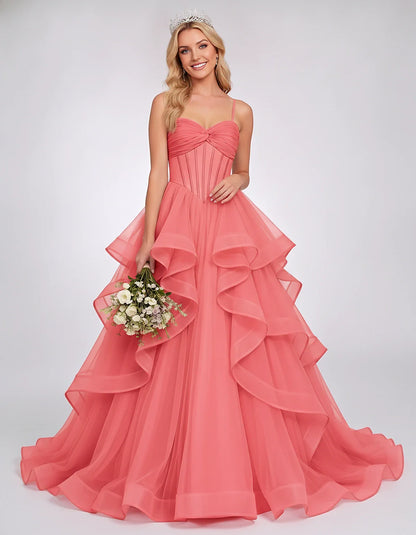 Organza Spaghetti Strap Sweetheart A-Line Ball Gown Maxi Dress for Party, Cocktail, Evening, Wedding Guest & Summer Events, f | SKU: VMD-583920174628315-CORAL-L,VMD-583920174628315-CORAL-M,VMD-583920174628315-CORAL-S,VMD-583920174628315-CORAL-XL,VMD-583920174628315-CORAL-XS