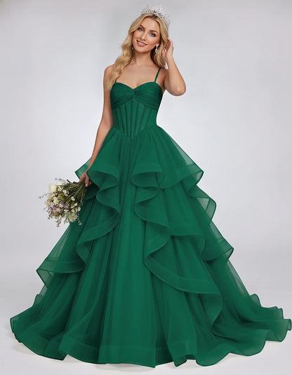 Organza Spaghetti Strap Sweetheart A-Line Ball Gown Maxi Dress for Party, Cocktail, Evening, Wedding Guest & Summer Events, f | SKU: VMD-583920174628315-GREEN-L,VMD-583920174628315-GREEN-M,VMD-583920174628315-GREEN-S,VMD-583920174628315-GREEN-XL,VMD-583920174628315-GREEN-XS