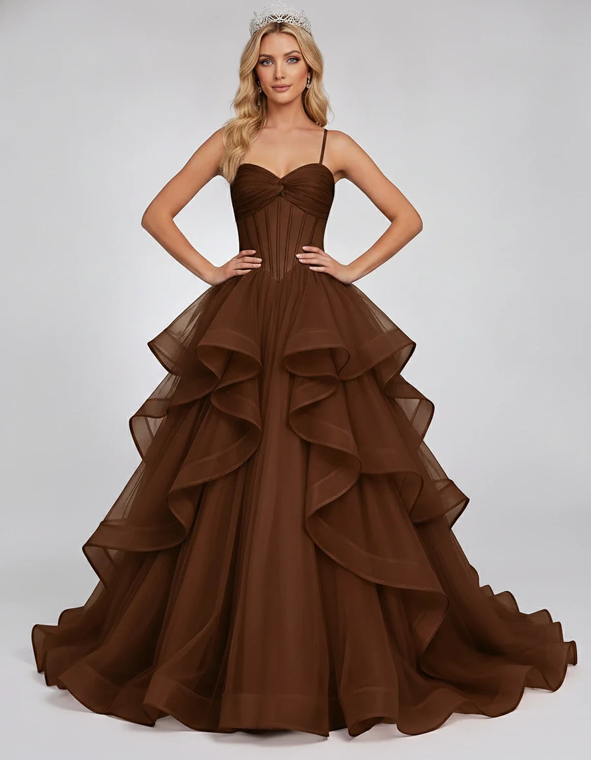 Organza Spaghetti Strap Sweetheart A-Line Ball Gown Maxi Dress for Party, Cocktail, Evening, Wedding Guest & Summer Events, f | SKU: VMD-583920174628315-BROWN-L,VMD-583920174628315-BROWN-M,VMD-583920174628315-BROWN-S,VMD-583920174628315-BROWN-XL,VMD-583920174628315-BROWN-XS