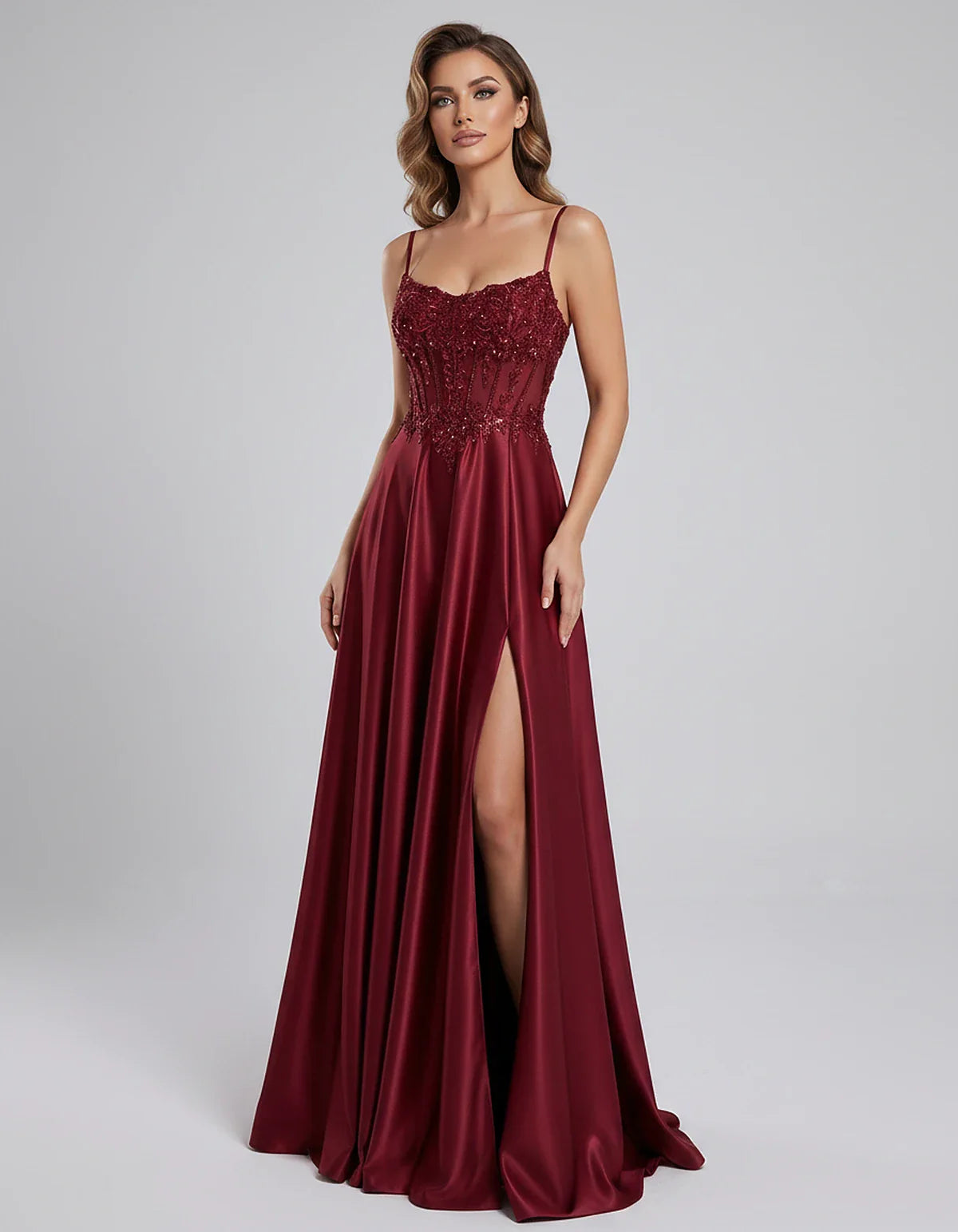 Satin Lace Applique Spaghetti Strap Sweetheart A-Line Maxi Dress for Party, Cocktail, Evening, Wedding Guest & Summer Events, | SKU: VMD-582741963852741-WINE-L,VMD-582741963852741-WINE-M,VMD-582741963852741-WINE-S,VMD-582741963852741-WINE-XL,VMD-582741963852741-WINE-XS