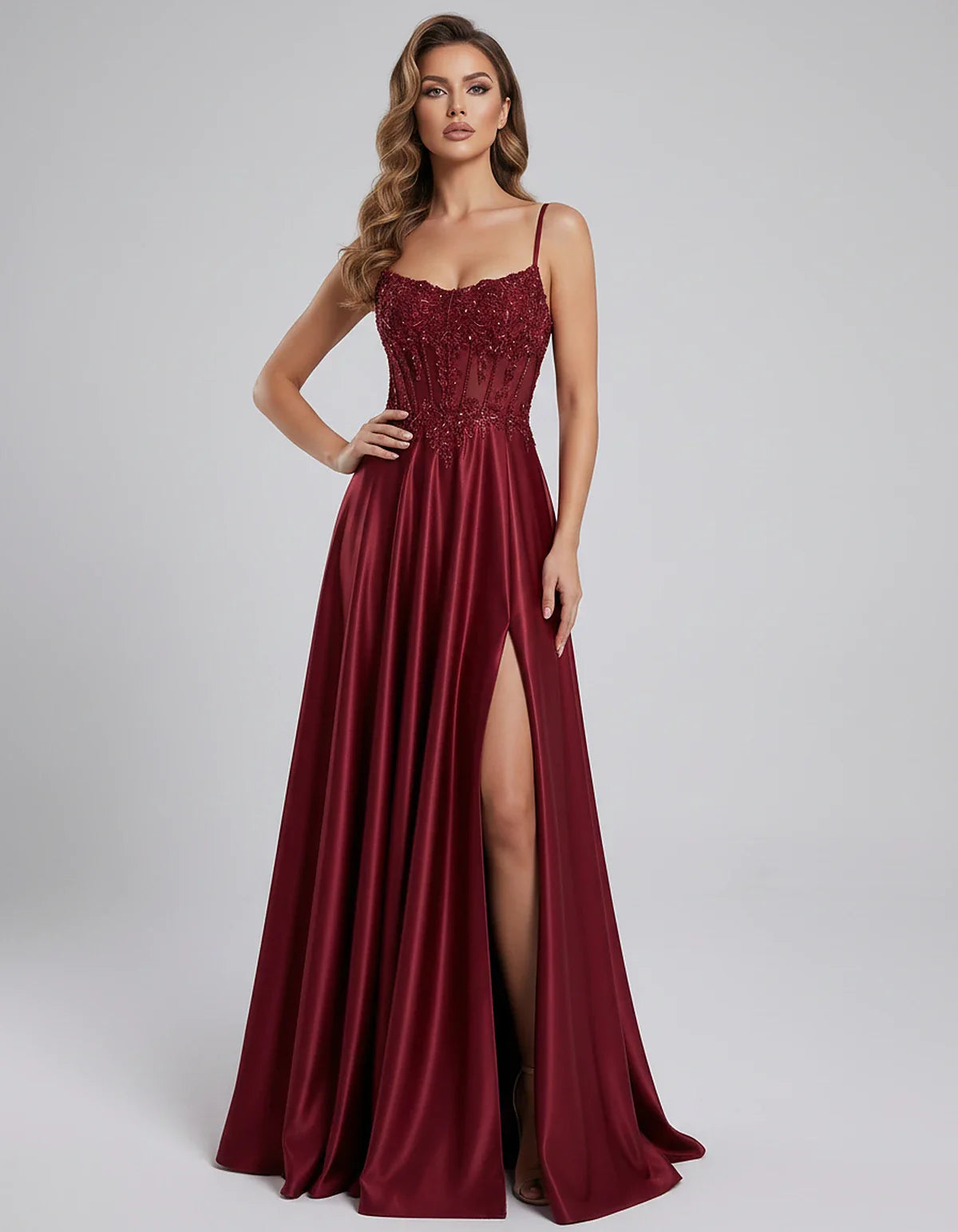 Satin Lace Applique Spaghetti Strap Sweetheart A-Line Maxi Dress for Party, Cocktail, Evening, Wedding Guest & Summer Events, | SKU: VMD-582741963852741-WINE-L,VMD-582741963852741-WINE-M,VMD-582741963852741-WINE-S,VMD-582741963852741-WINE-XL,VMD-582741963852741-WINE-XS