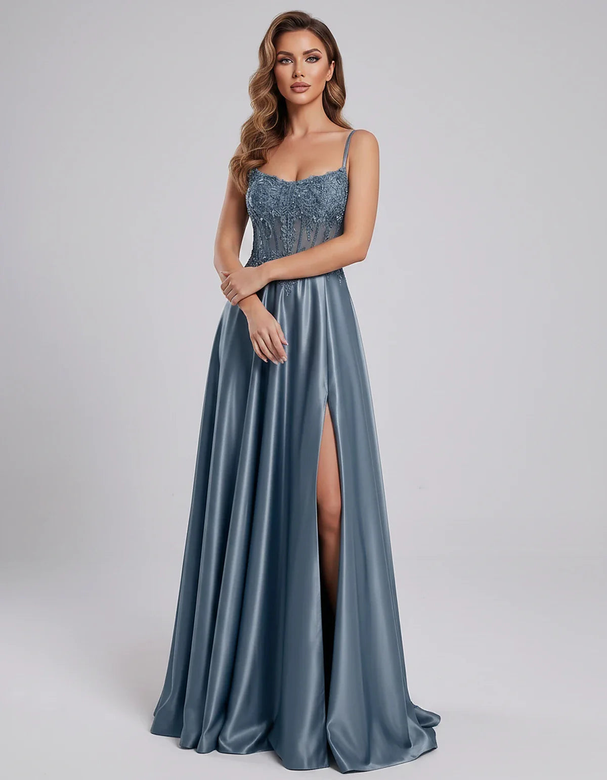 Satin Lace Applique Spaghetti Strap Sweetheart A-Line Maxi Dress for Party, Cocktail, Evening, Wedding Guest & Summer Events, | SKU: VMD-582741963852741-DUSTYBLUE-L,VMD-582741963852741-DUSTYBLUE-M,VMD-582741963852741-DUSTYBLUE-S,VMD-582741963852741-DUSTYBLUE-XL,VMD-582741963852741-DUSTYBLUE-XS
