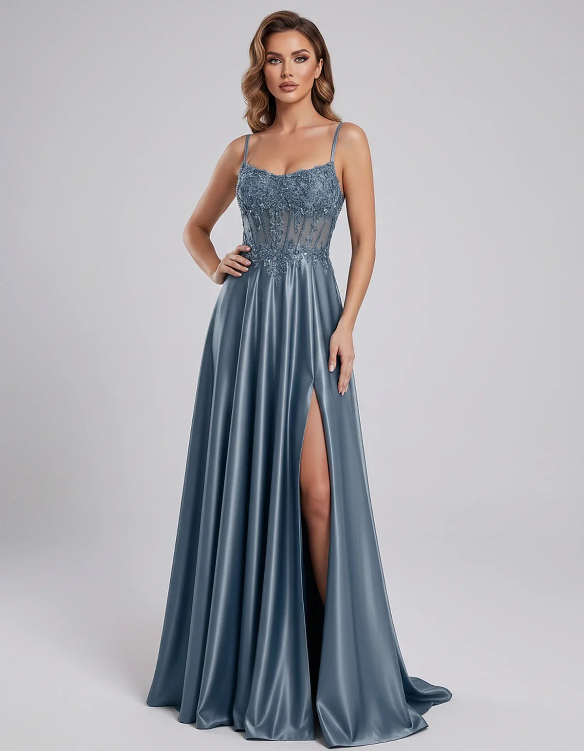 Satin Lace Applique Spaghetti Strap Sweetheart A-Line Maxi Dress for Party, Cocktail, Evening, Wedding Guest & Summer Events, | SKU: VMD-582741963852741-DUSTYBLUE-L,VMD-582741963852741-DUSTYBLUE-M,VMD-582741963852741-DUSTYBLUE-S,VMD-582741963852741-DUSTYBLUE-XL,VMD-582741963852741-DUSTYBLUE-XS