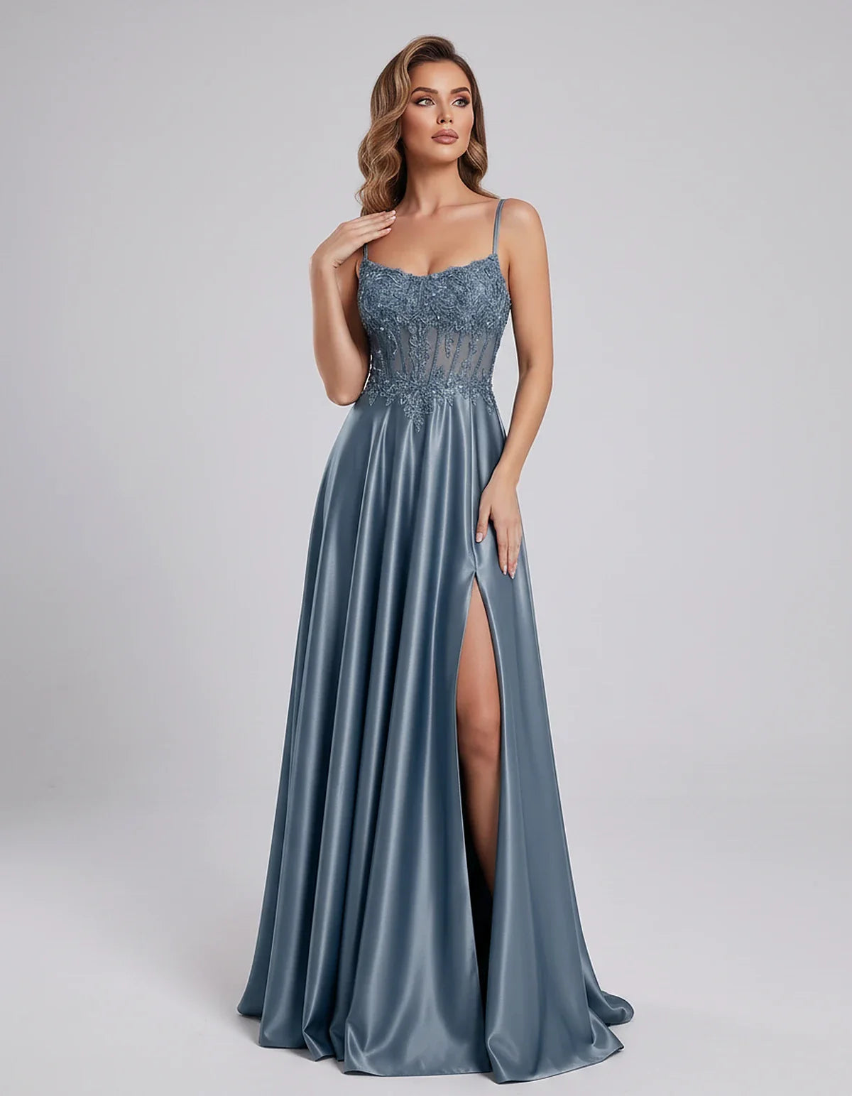 Satin Lace Applique Spaghetti Strap Sweetheart A-Line Maxi Dress for Party, Cocktail, Evening, Wedding Guest & Summer Events, | SKU: VMD-582741963852741-DUSTYBLUE-L,VMD-582741963852741-DUSTYBLUE-M,VMD-582741963852741-DUSTYBLUE-S,VMD-582741963852741-DUSTYBLUE-XL,VMD-582741963852741-DUSTYBLUE-XS