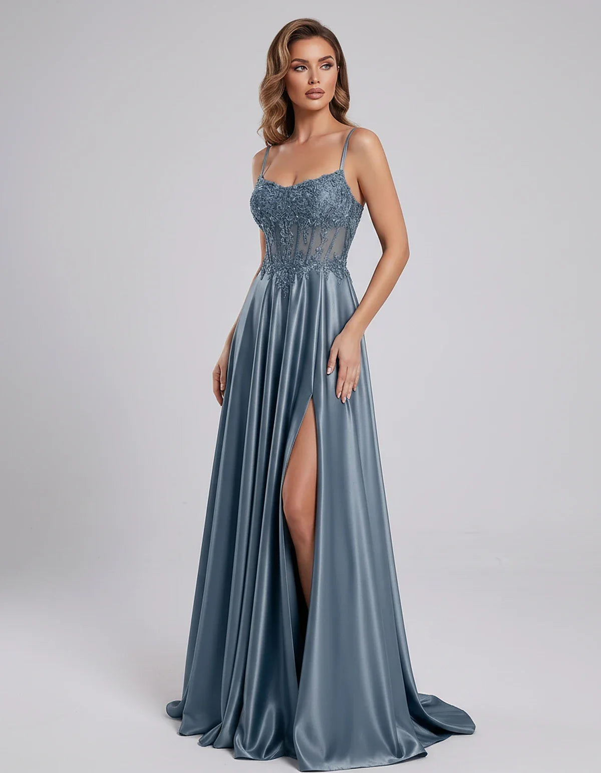 Satin Lace Applique Spaghetti Strap Sweetheart A-Line Maxi Dress for Party, Cocktail, Evening, Wedding Guest & Summer Events, | SKU: VMD-582741963852741-DUSTYBLUE-L,VMD-582741963852741-DUSTYBLUE-M,VMD-582741963852741-DUSTYBLUE-S,VMD-582741963852741-DUSTYBLUE-XL,VMD-582741963852741-DUSTYBLUE-XS