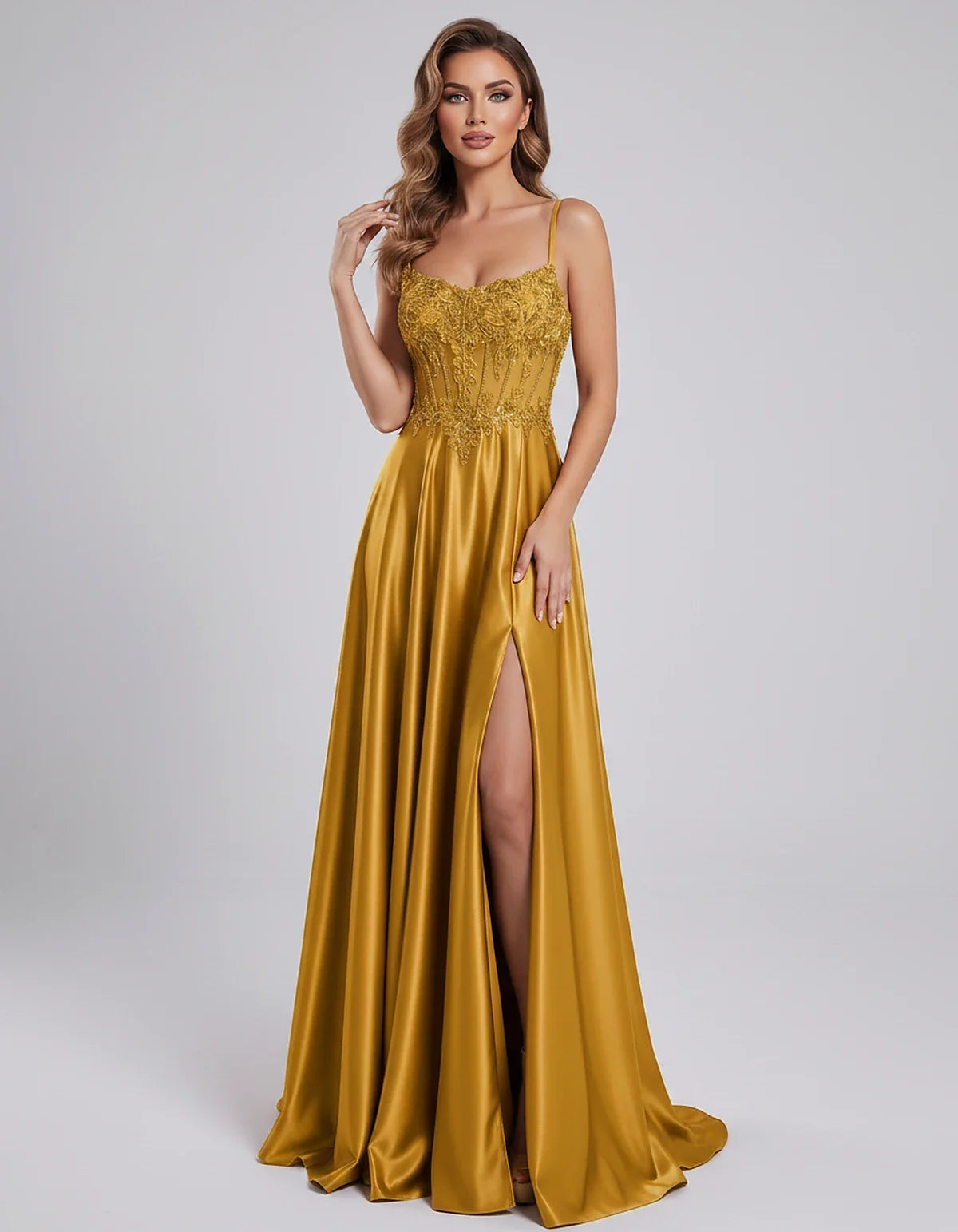 Satin Lace Applique Spaghetti Strap Sweetheart A-Line Maxi Dress for Party, Cocktail, Evening, Wedding Guest & Summer Events, | SKU: VMD-582741963852741-GOLD-L,VMD-582741963852741-GOLD-M,VMD-582741963852741-GOLD-S,VMD-582741963852741-GOLD-XL,VMD-582741963852741-GOLD-XS