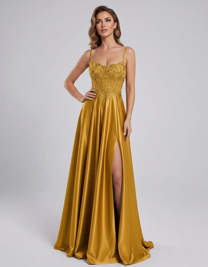 Satin Lace Applique Spaghetti Strap Sweetheart A-Line Maxi Dress for Party, Cocktail, Evening, Wedding Guest & Summer Events, | SKU: VMD-582741963852741-GOLD-L,VMD-582741963852741-GOLD-M,VMD-582741963852741-GOLD-S,VMD-582741963852741-GOLD-XL,VMD-582741963852741-GOLD-XS