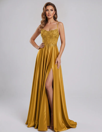 Satin Lace Applique Spaghetti Strap Sweetheart A-Line Maxi Dress for Party, Cocktail, Evening, Wedding Guest & Summer Events, | SKU: VMD-582741963852741-GOLD-L,VMD-582741963852741-GOLD-M,VMD-582741963852741-GOLD-S,VMD-582741963852741-GOLD-XL,VMD-582741963852741-GOLD-XS