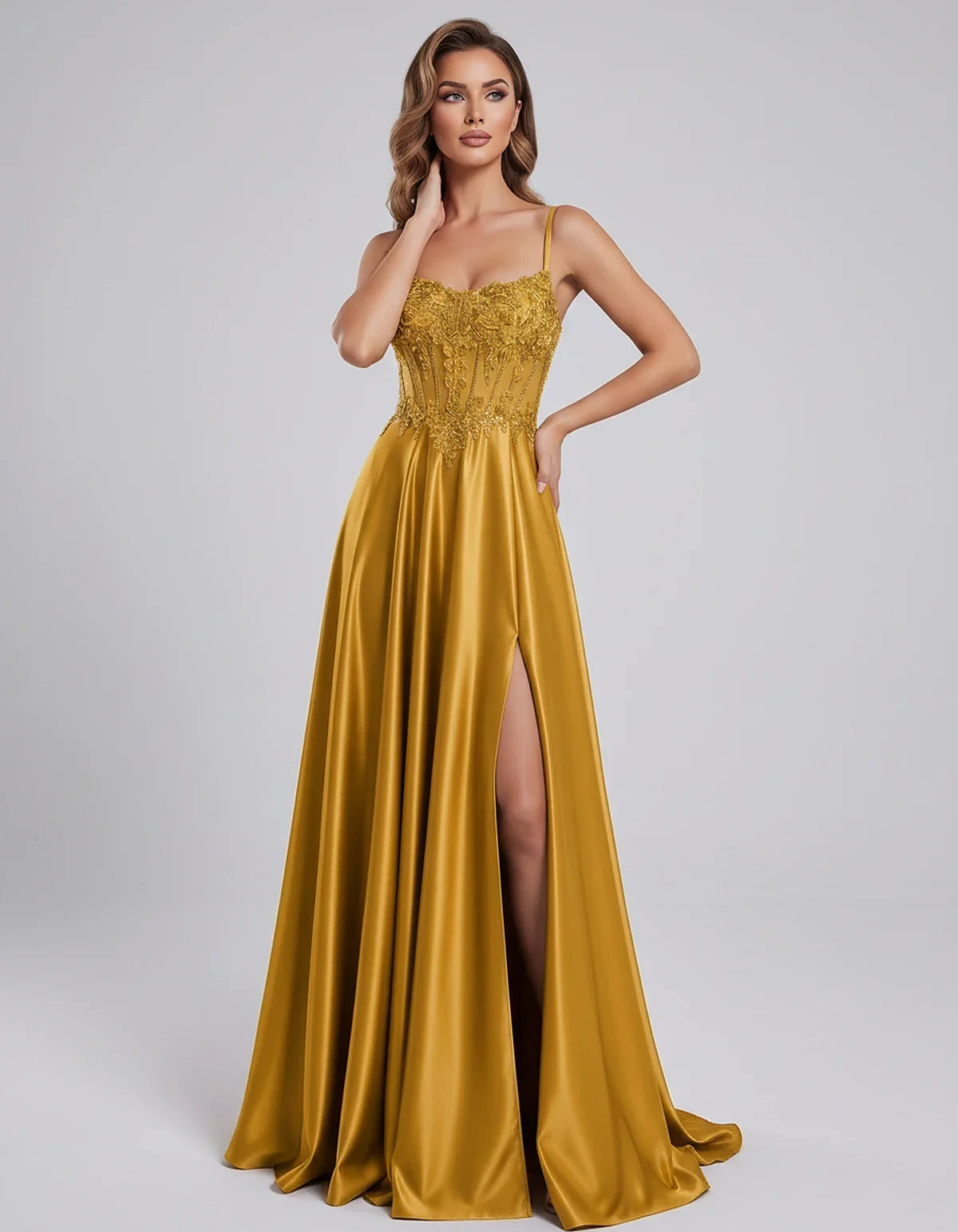 Satin Lace Applique Spaghetti Strap Sweetheart A-Line Maxi Dress for Party, Cocktail, Evening, Wedding Guest & Summer Events, | SKU: VMD-582741963852741-GOLD-L,VMD-582741963852741-GOLD-M,VMD-582741963852741-GOLD-S,VMD-582741963852741-GOLD-XL,VMD-582741963852741-GOLD-XS