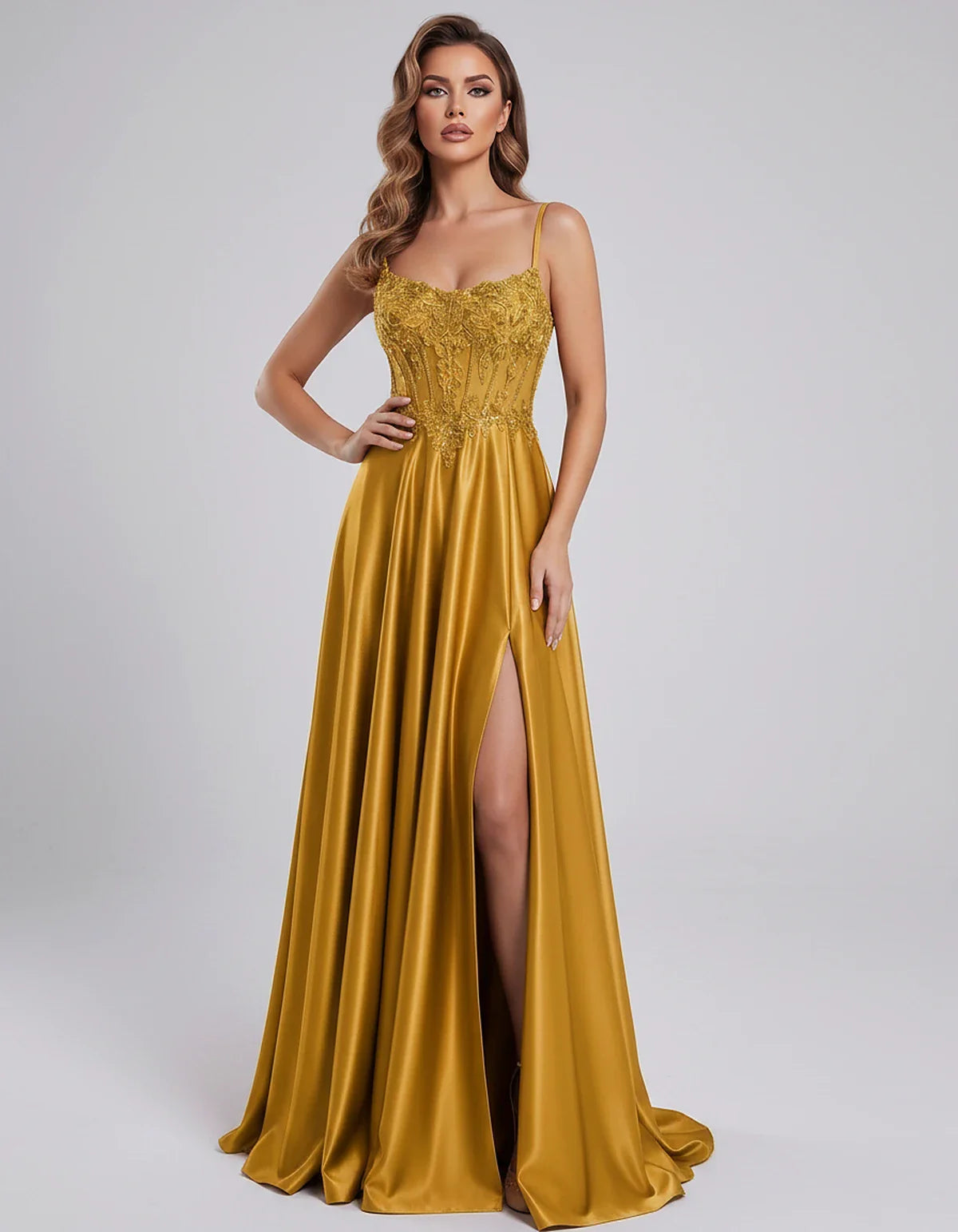 Satin Lace Applique Spaghetti Strap Sweetheart A-Line Maxi Dress for Party, Cocktail, Evening, Wedding Guest & Summer Events, | SKU: VMD-582741963852741-GOLD-L,VMD-582741963852741-GOLD-M,VMD-582741963852741-GOLD-S,VMD-582741963852741-GOLD-XL,VMD-582741963852741-GOLD-XS