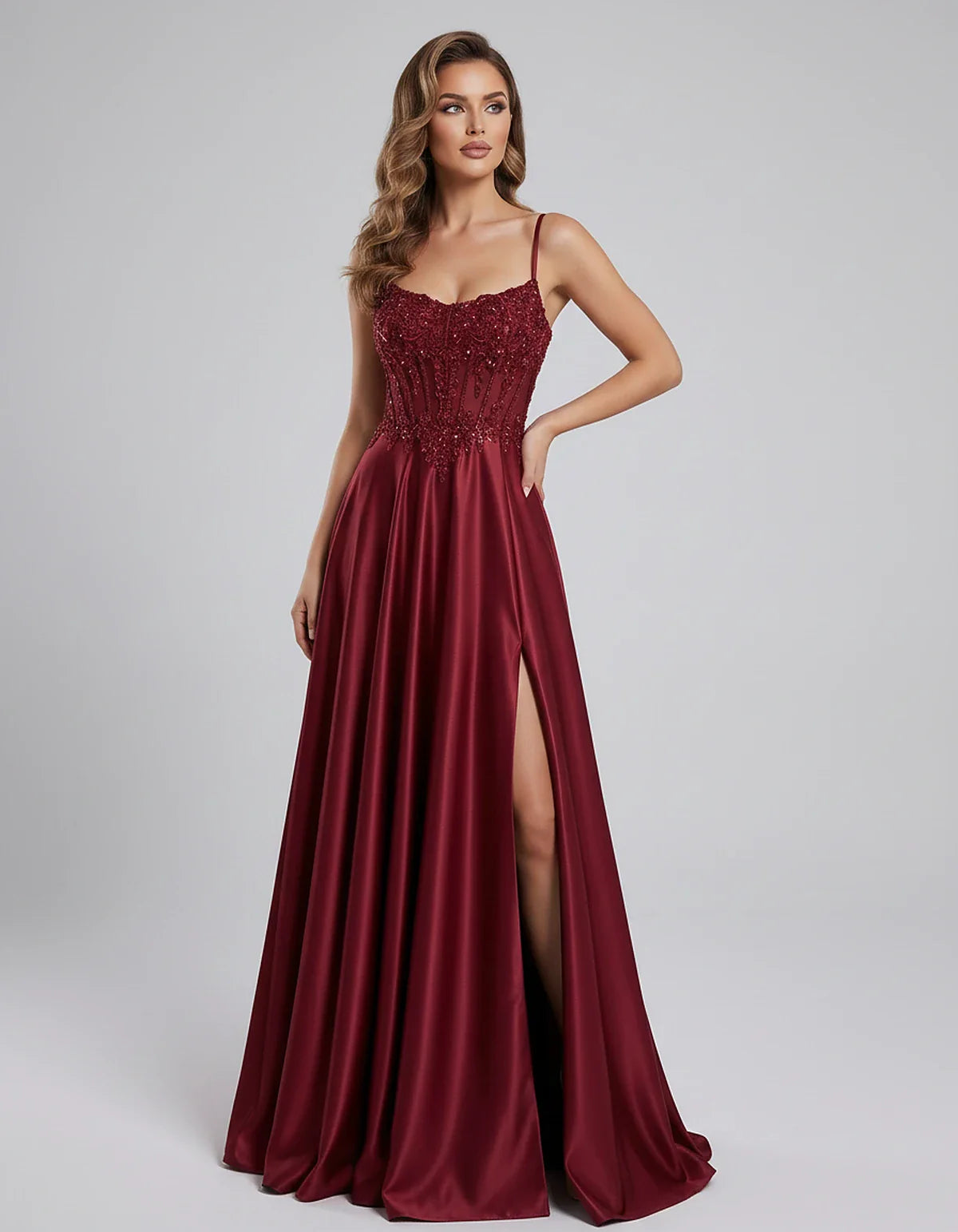 Satin Lace Applique Spaghetti Strap Sweetheart A-Line Maxi Dress for Party, Cocktail, Evening, Wedding Guest & Summer Events, | SKU: VMD-582741963852741-WINE-L,VMD-582741963852741-WINE-M,VMD-582741963852741-WINE-S,VMD-582741963852741-WINE-XL,VMD-582741963852741-WINE-XS