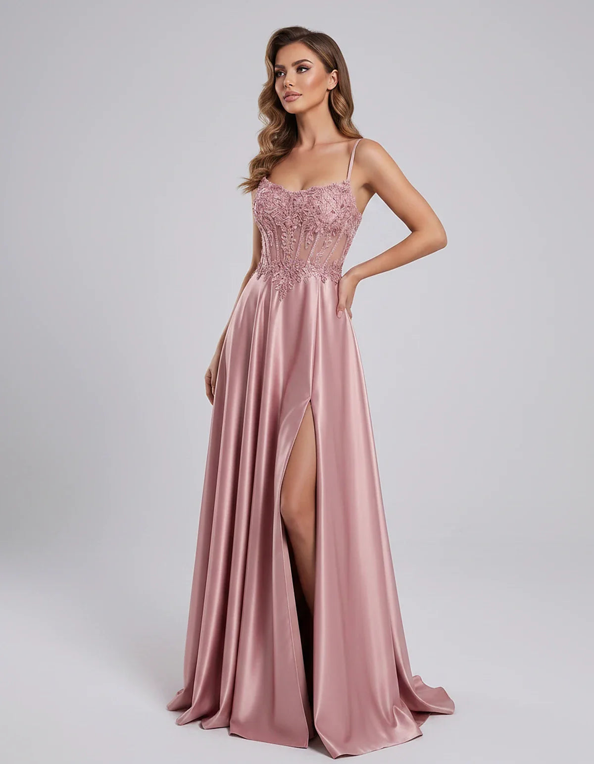 Satin Lace Applique Spaghetti Strap Sweetheart A-Line Maxi Dress for Party, Cocktail, Evening, Wedding Guest & Summer Events, | SKU: VMD-582741963852741-DUSTYPINK-L,VMD-582741963852741-DUSTYPINK-M,VMD-582741963852741-DUSTYPINK-S,VMD-582741963852741-DUSTYPINK-XL,VMD-582741963852741-DUSTYPINK-XS